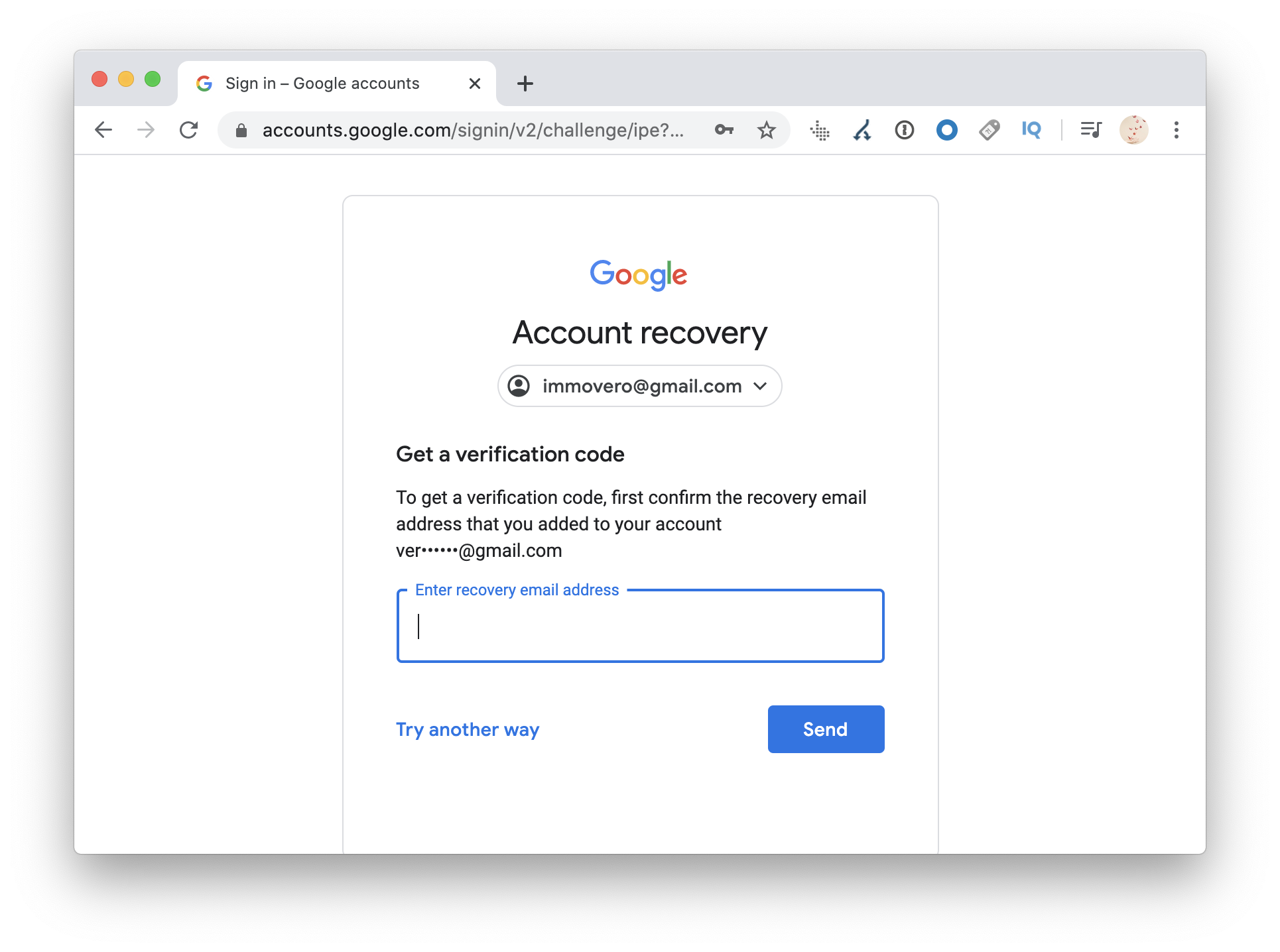 Recover account with verification code