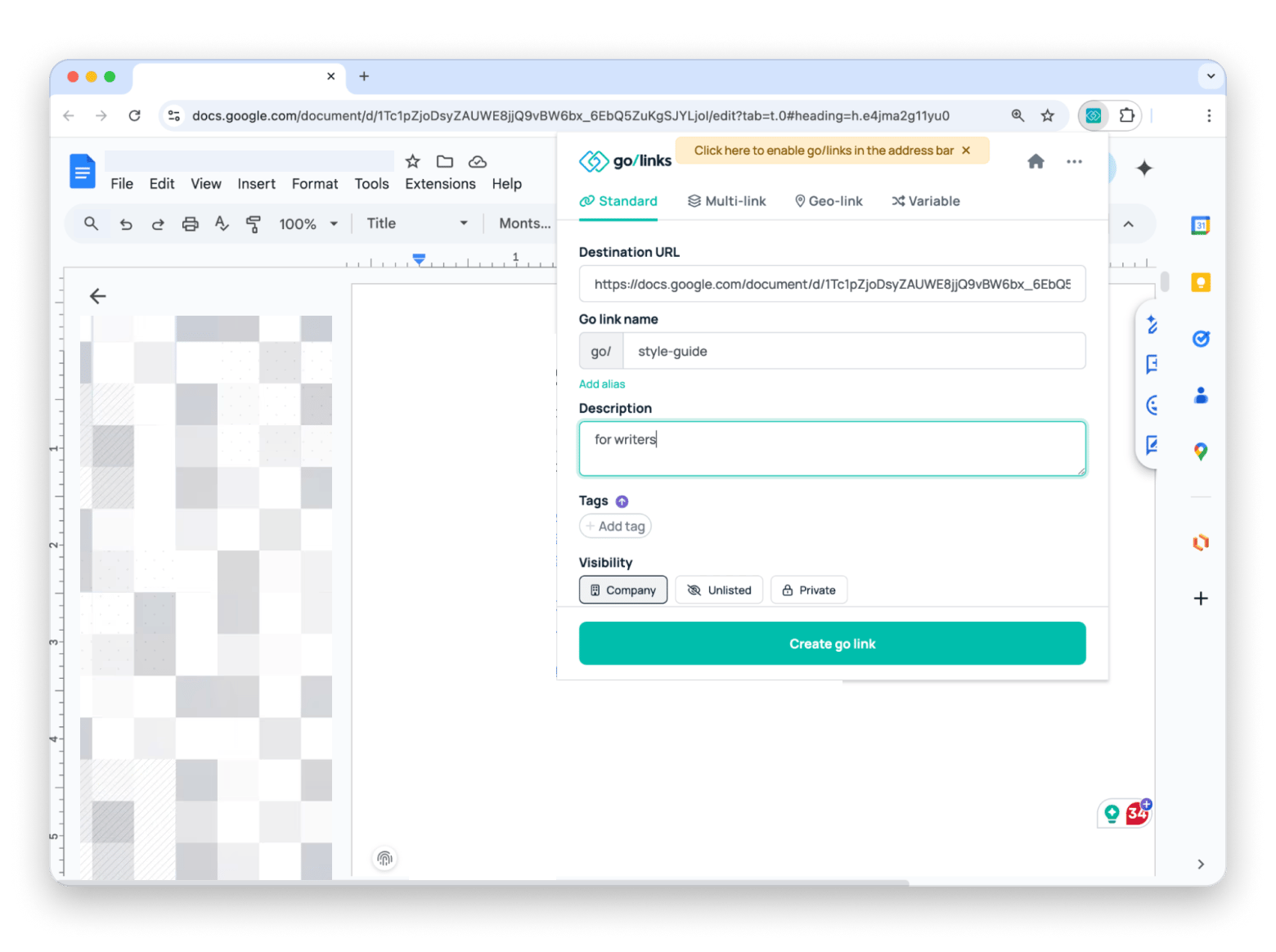 Creating a short link for Google Docs with Go Link