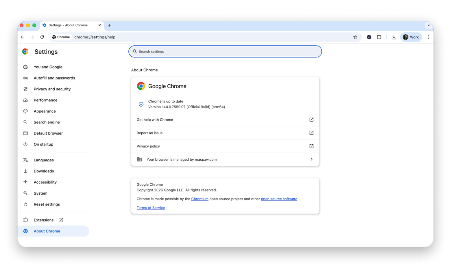 Google Chrome update page