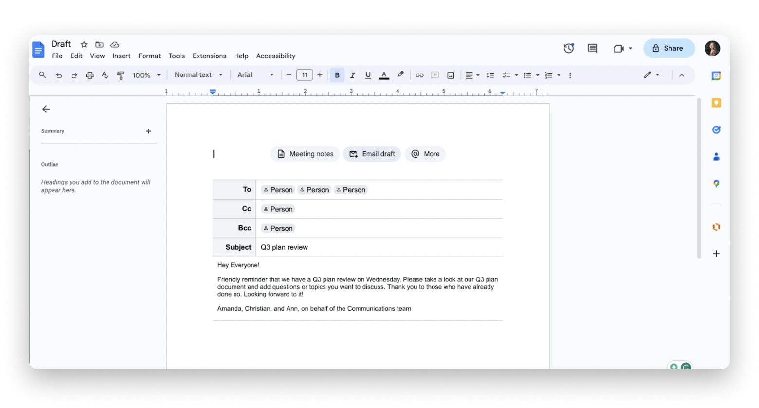 create email draft in Google Docs