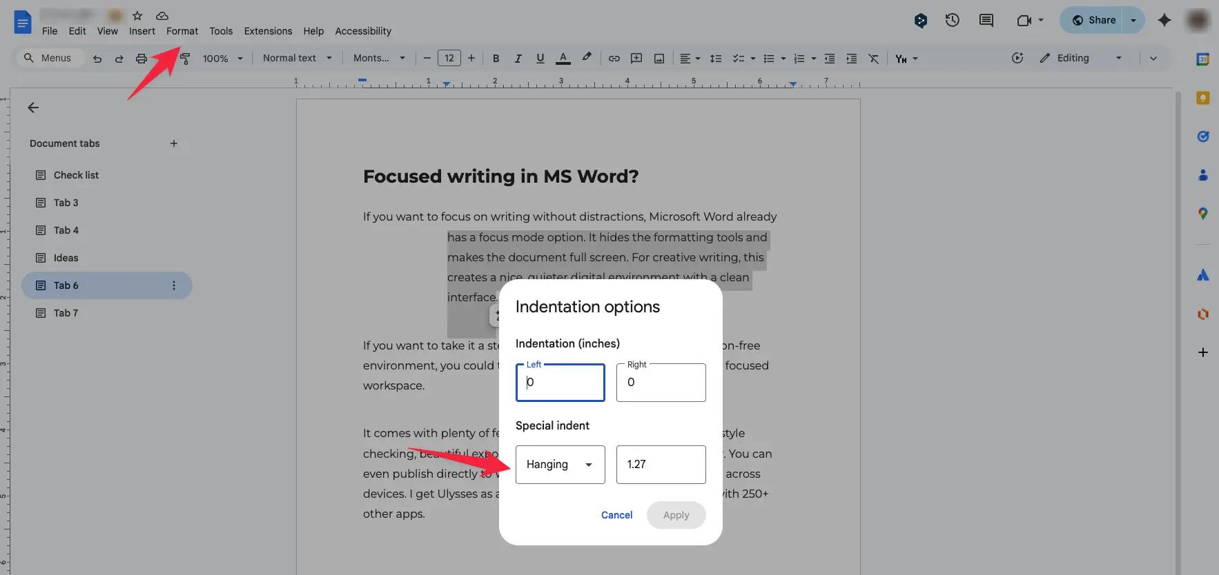 hanging indent in Google Docs