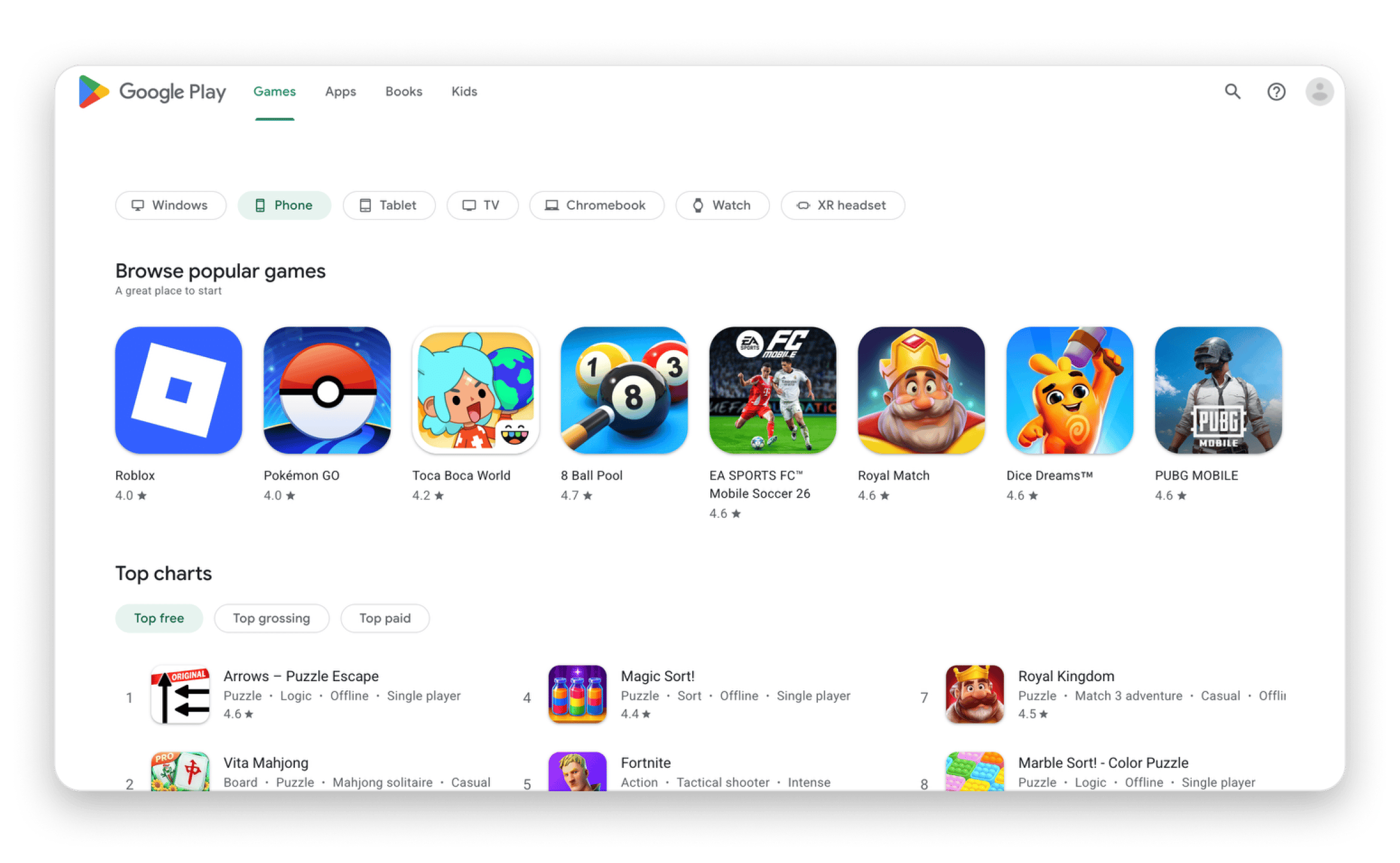 The main page of the Google Play Store, the official store for Android