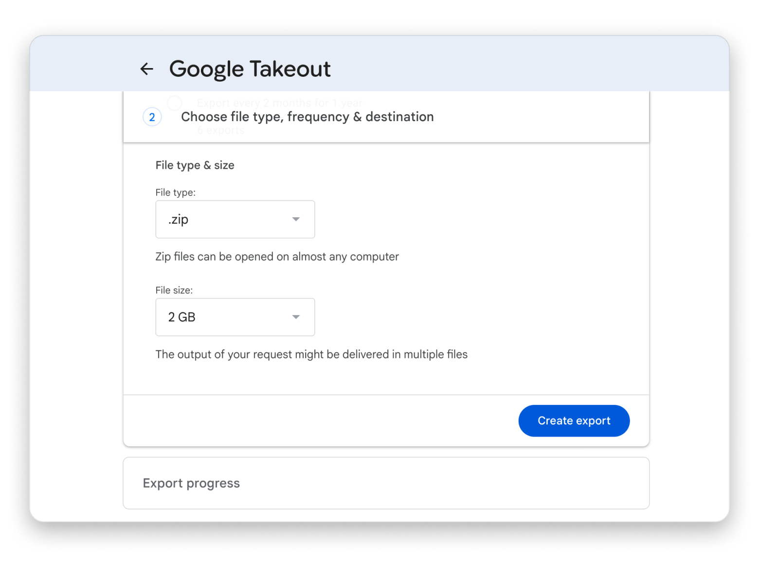 Google takeout create export