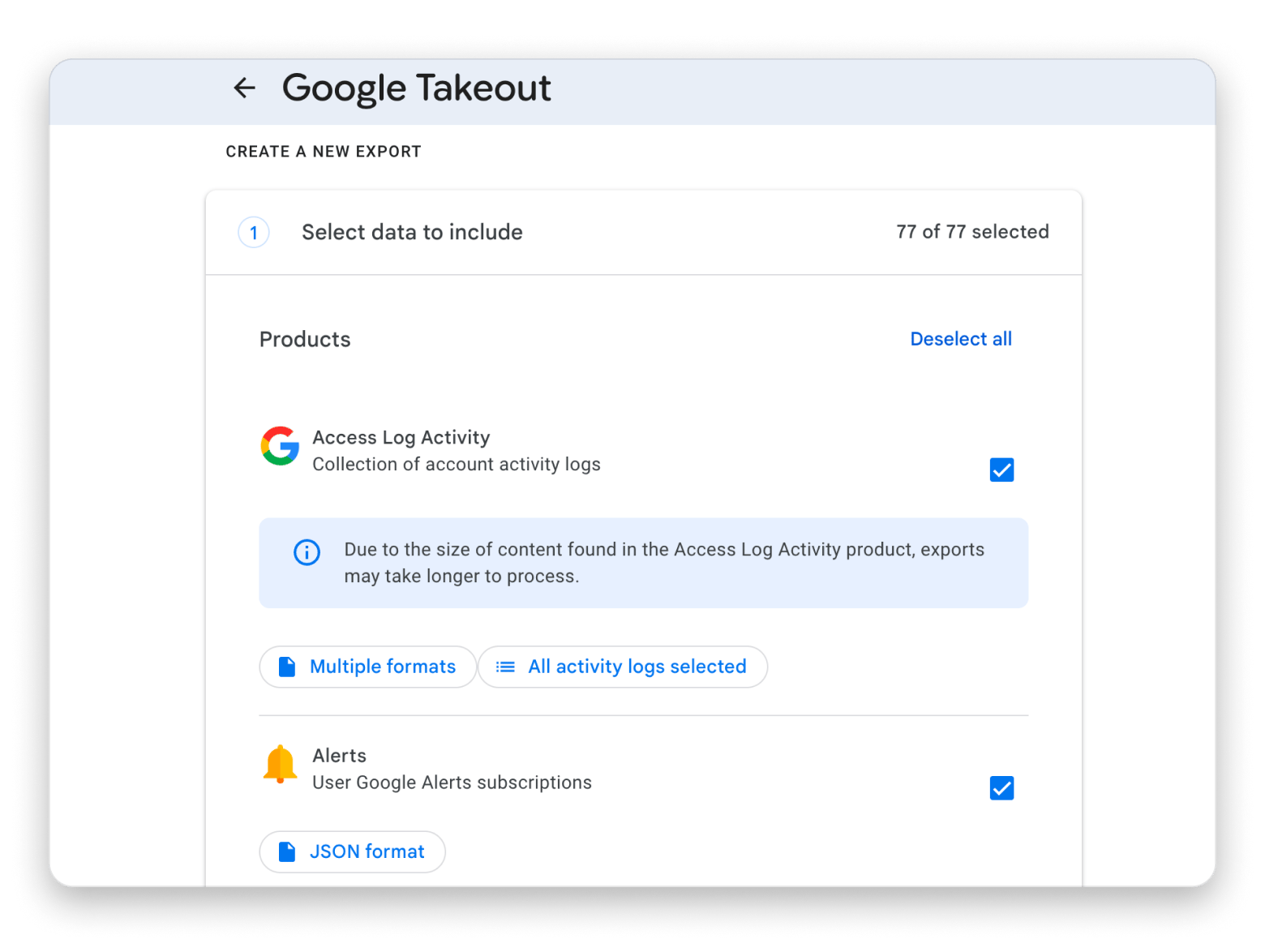 Google takeout select data to store