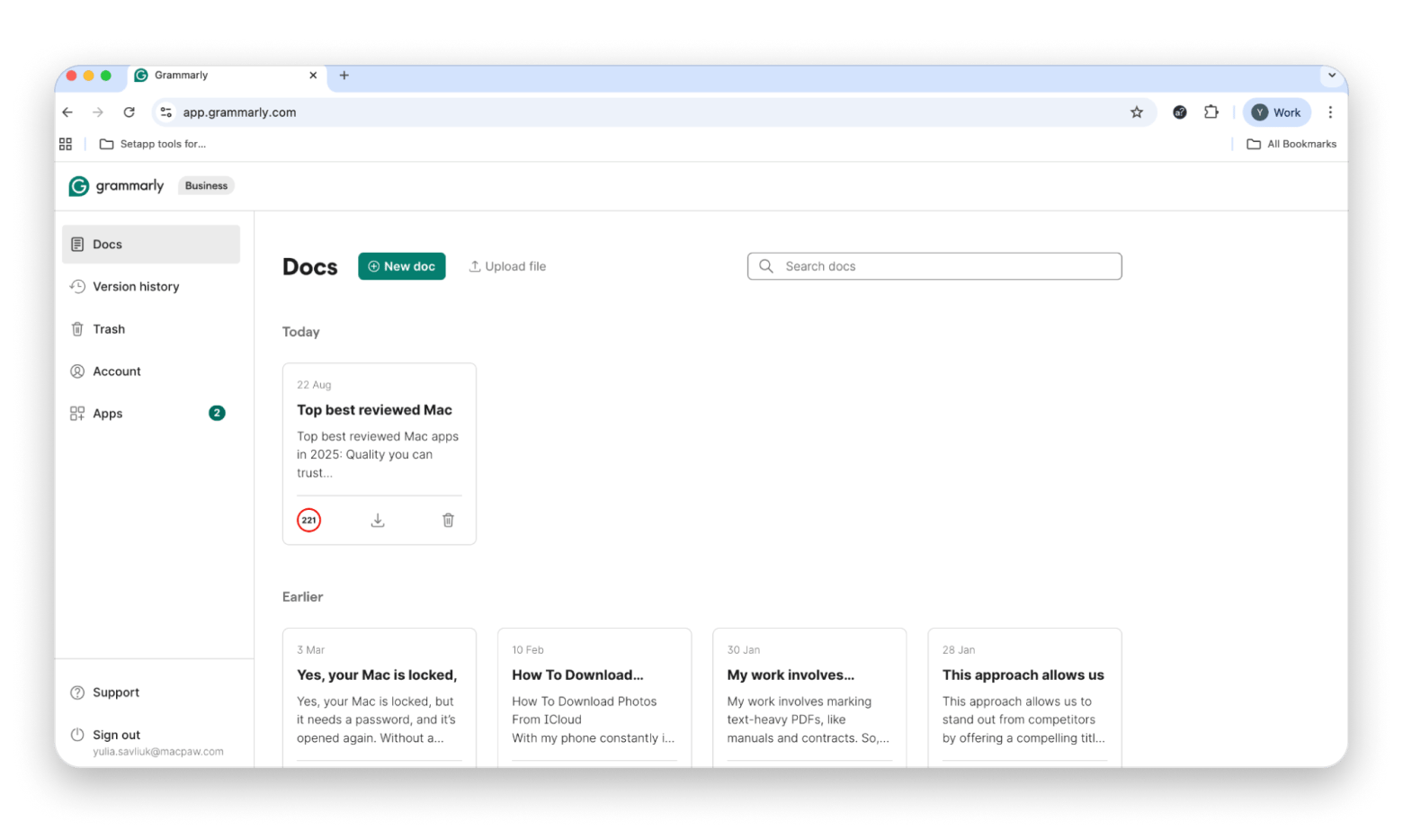 Grammarly docs tab overview