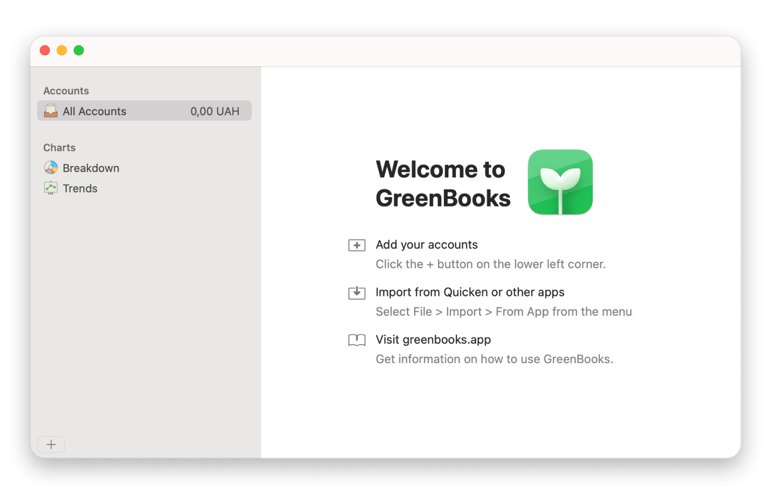 The All Accounts tab of GreenBooks, a budget tracking app that is available on Setapp