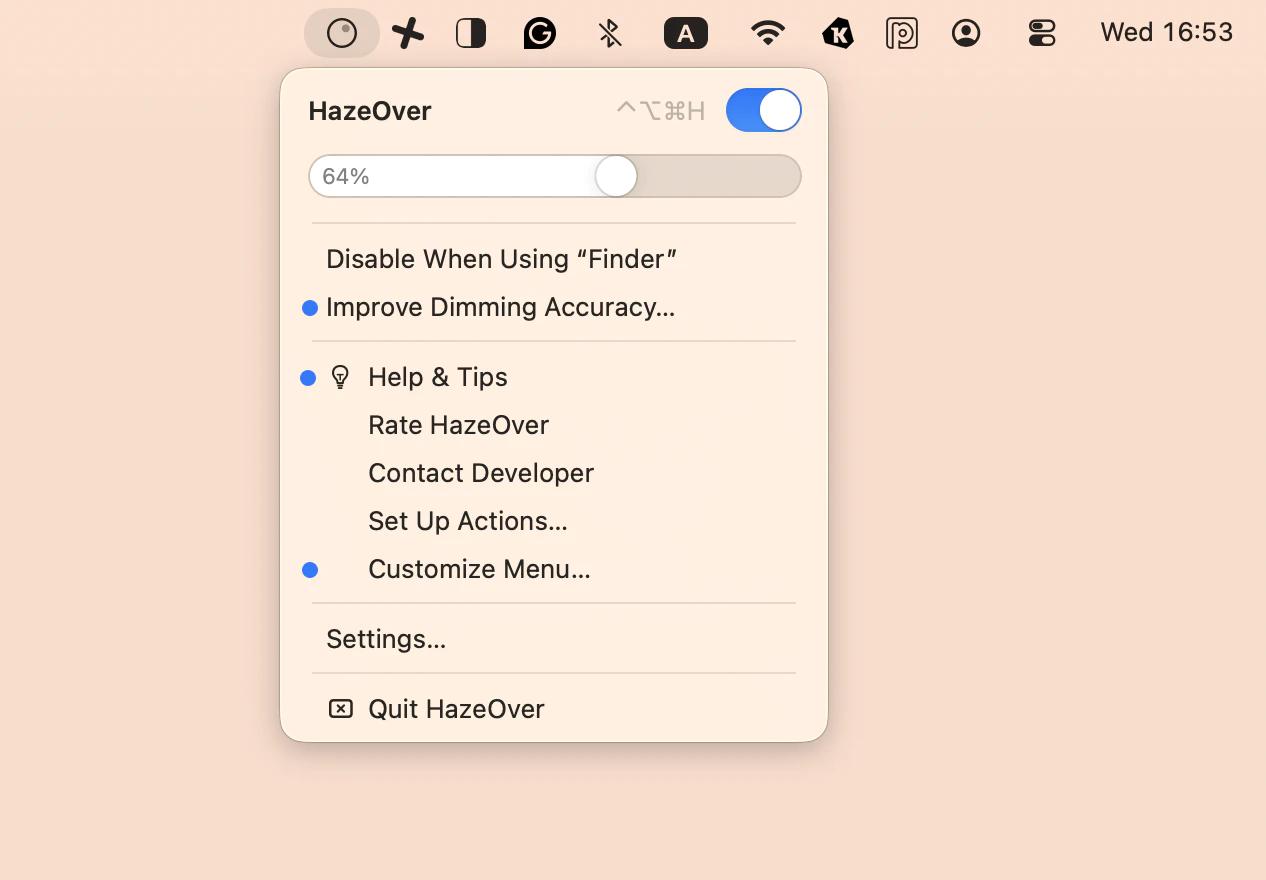 The menu bar settings of Hazeover, a distraction-free app that is available on Setapp.