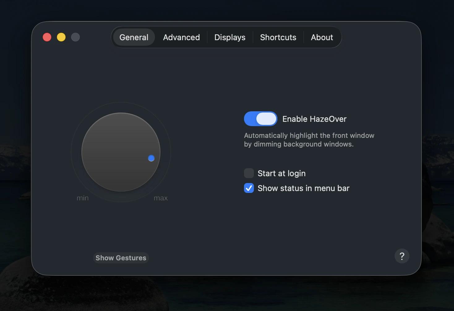 Adjusting general settings in HazeOver, a screen-dimming focus app from Setapp