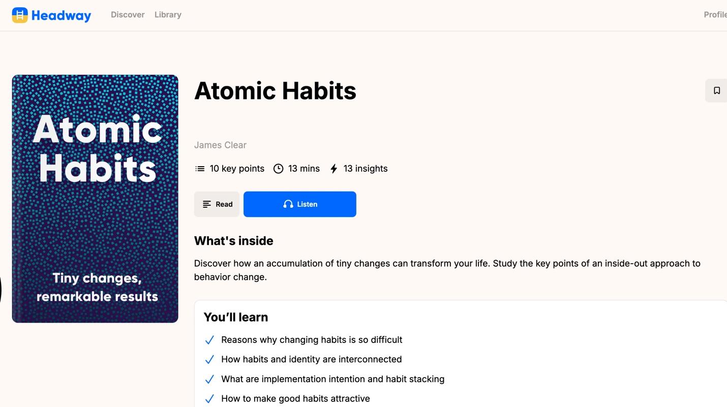 Reading the Atomic Habits book summary and key takeaways in the Headway app from Setapp
