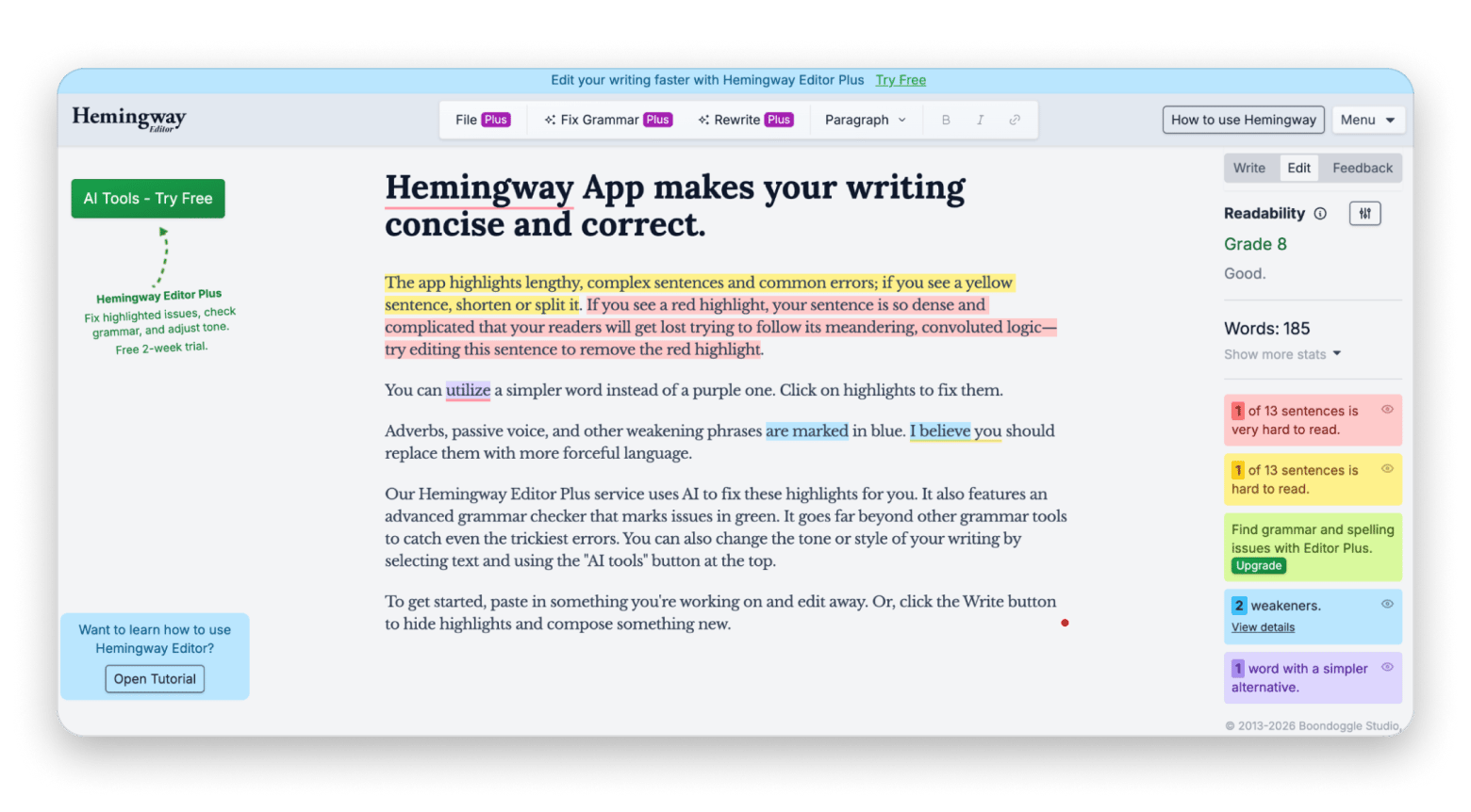 Hemingway editor is a Grammarly alternative