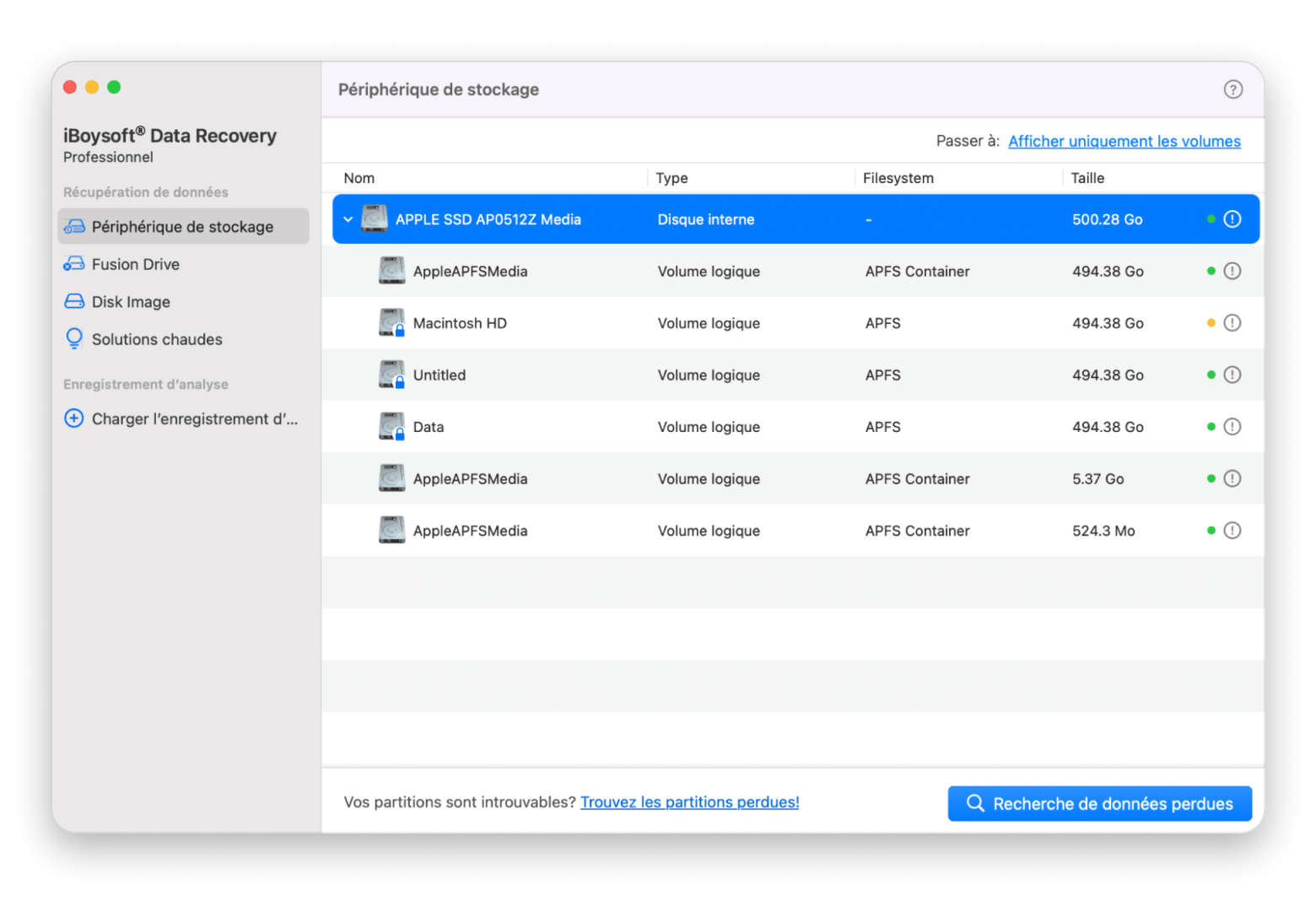 Interface d'iBoysoft Data Recovery analysant un disque externe invisible dans le Finder pour récupérer les fichiers perdus sur Mac, disponible sur Setapp