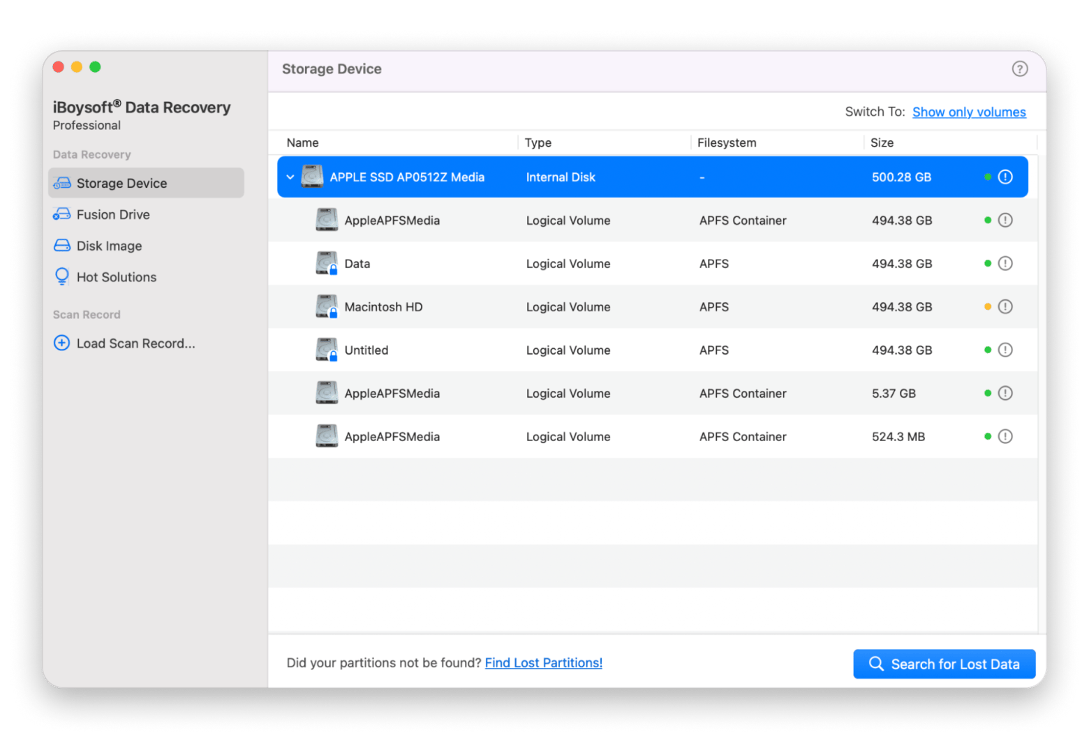 The Storage Device tab of iBoysoft Data Recovery, a recovery tool that is available on Setapp