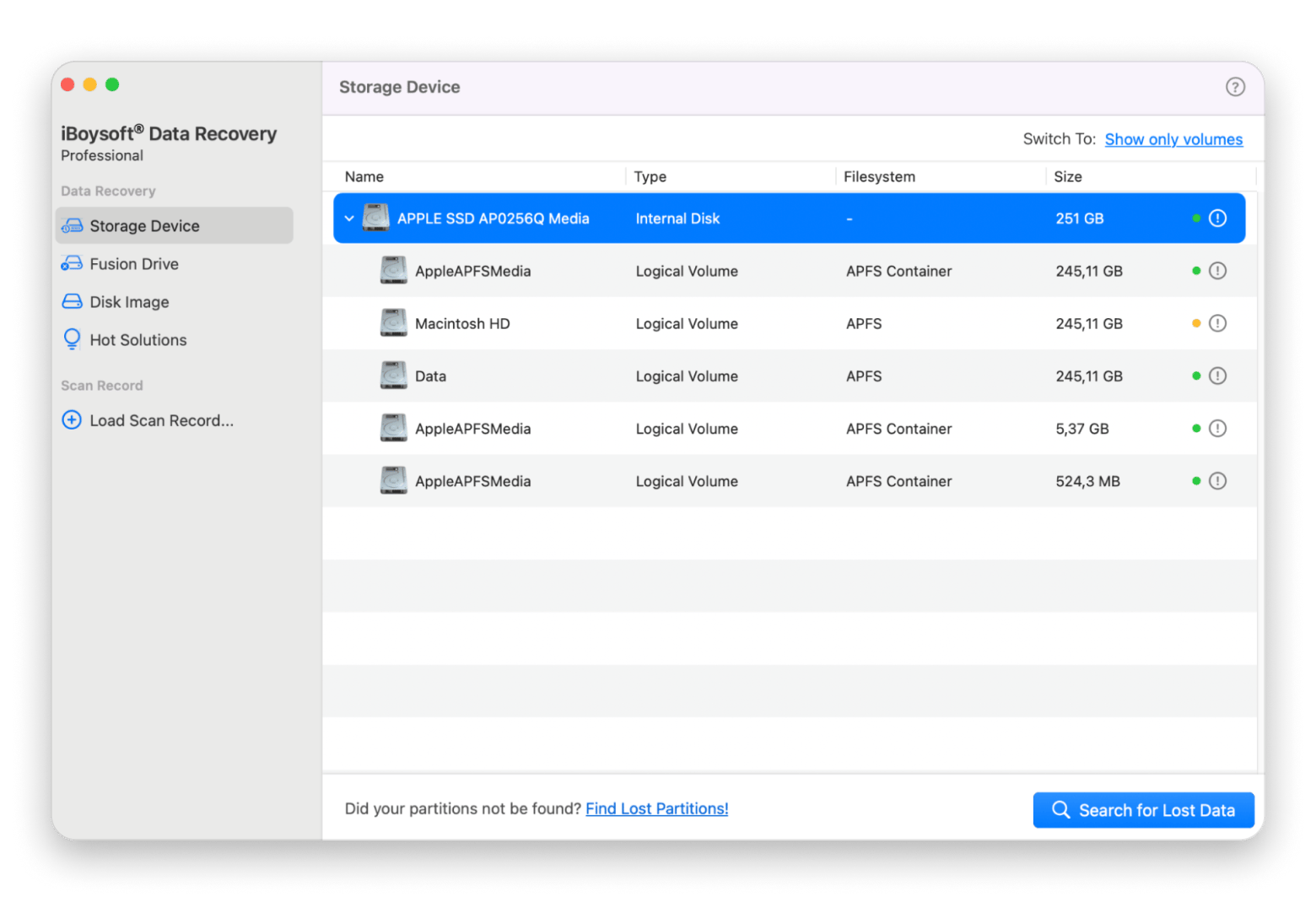 The main window of iBoysoft Data Recovery, a data recovery tool that's available on Setapp 