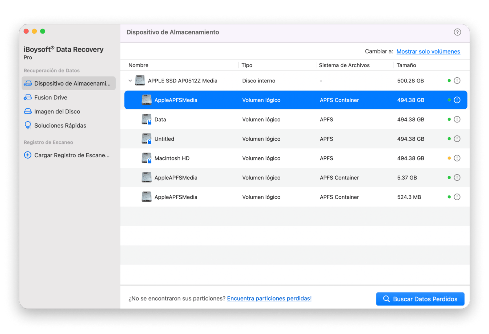 La pestaña Dispositivo de almacenamiento de iBoysoft Data Recovery, una app de recuperación de datos disponible en Setapp La pestaña Dispositivo de almacenamiento de iBoysoft Data Recovery, una app de recuperación de datos disponible en Setapp