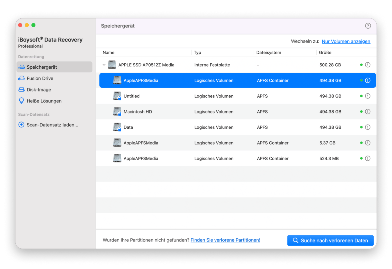 Die Benutzeroberfläche von iBoysoft Data Recovery, einer Datenrettungs-App, die auf Setapp verfügbar ist