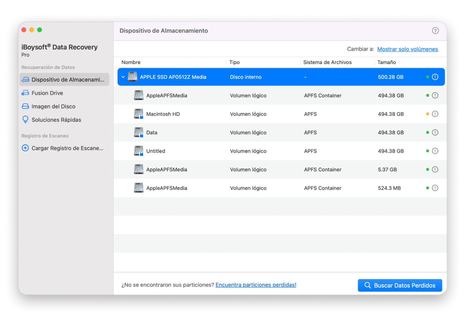 Interfaz de iBoysoft Data Recovery en Mac escaneando archivos perdidos, disponible en Setapp