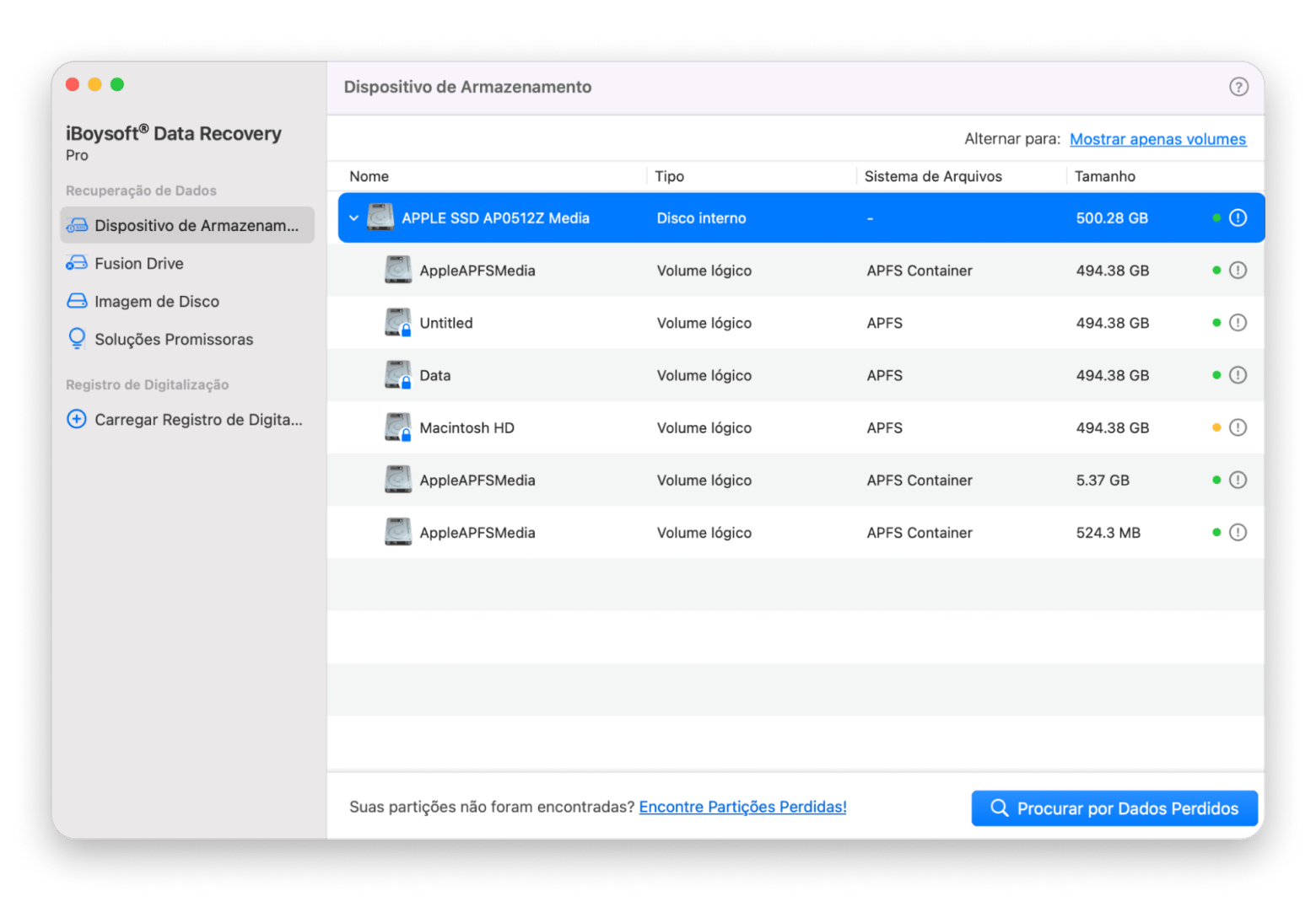 Interface do iBoysoft Data Recovery no Mac escaneando arquivos perdidos, disponível no Setapp