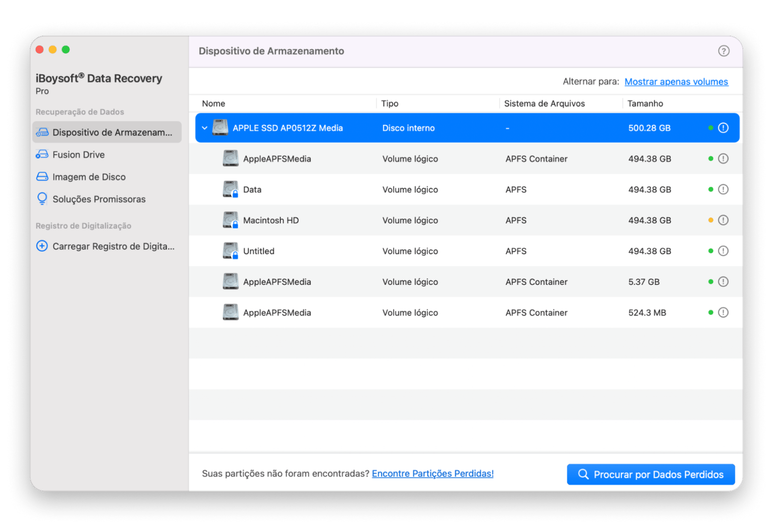 Interface do iBoysoft Data Recovery no Mac executando varredura de arquivos apagados, disponível no Setapp