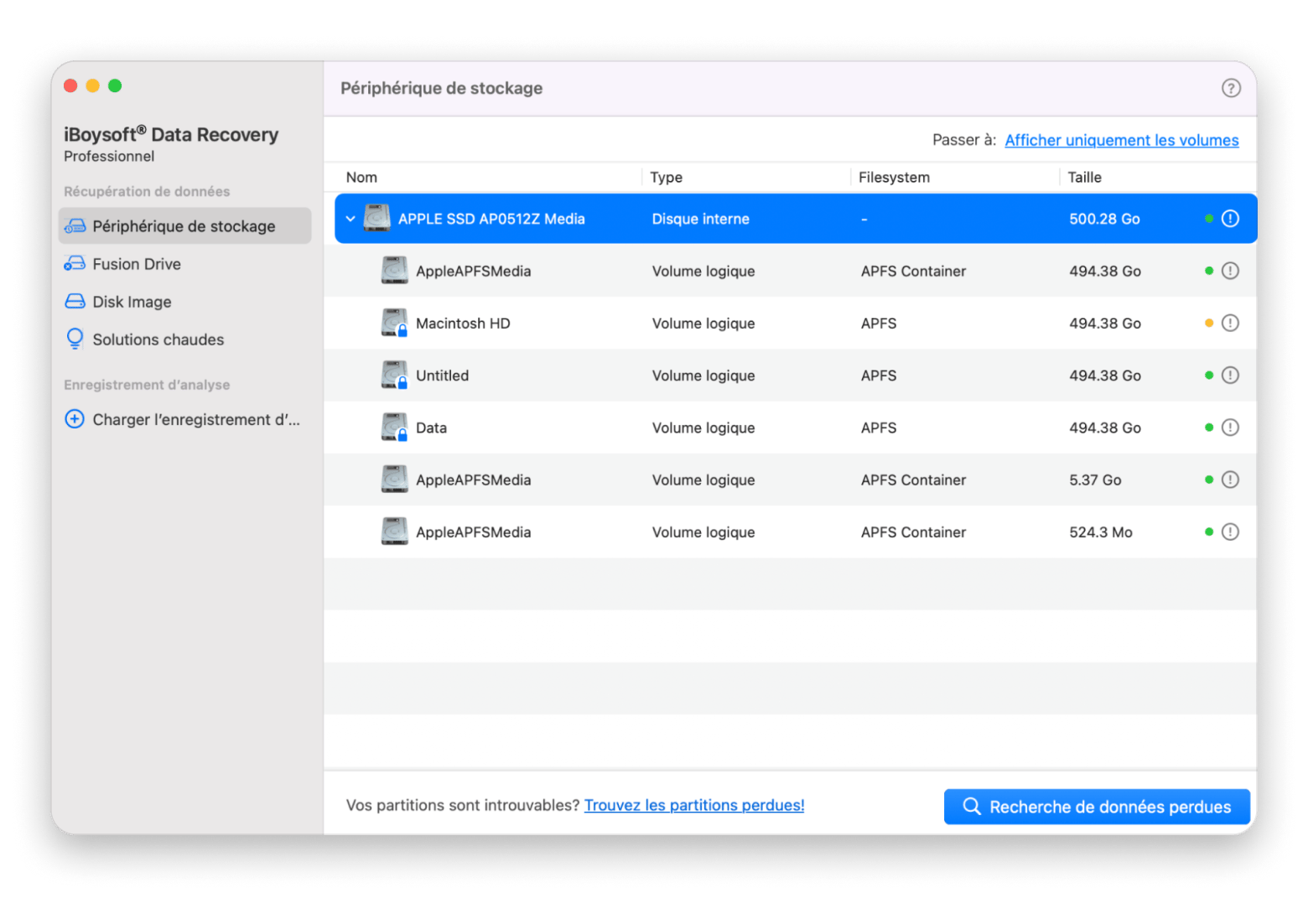 Interface d'iBoysoft Data Recovery montrant l'analyse d'un iPhone connecté au Mac pour retrouver des photos supprimées définitivement, disponible sur Setapp