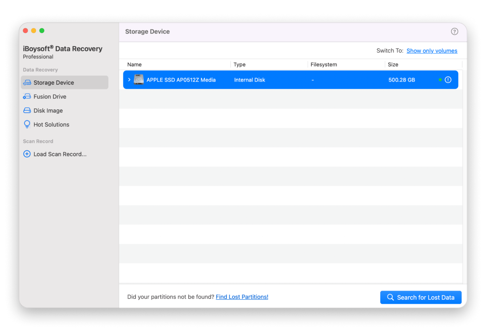 The Storage Device tab of iBoysoft Data Recovery, a recovery tool that is available on Setapp