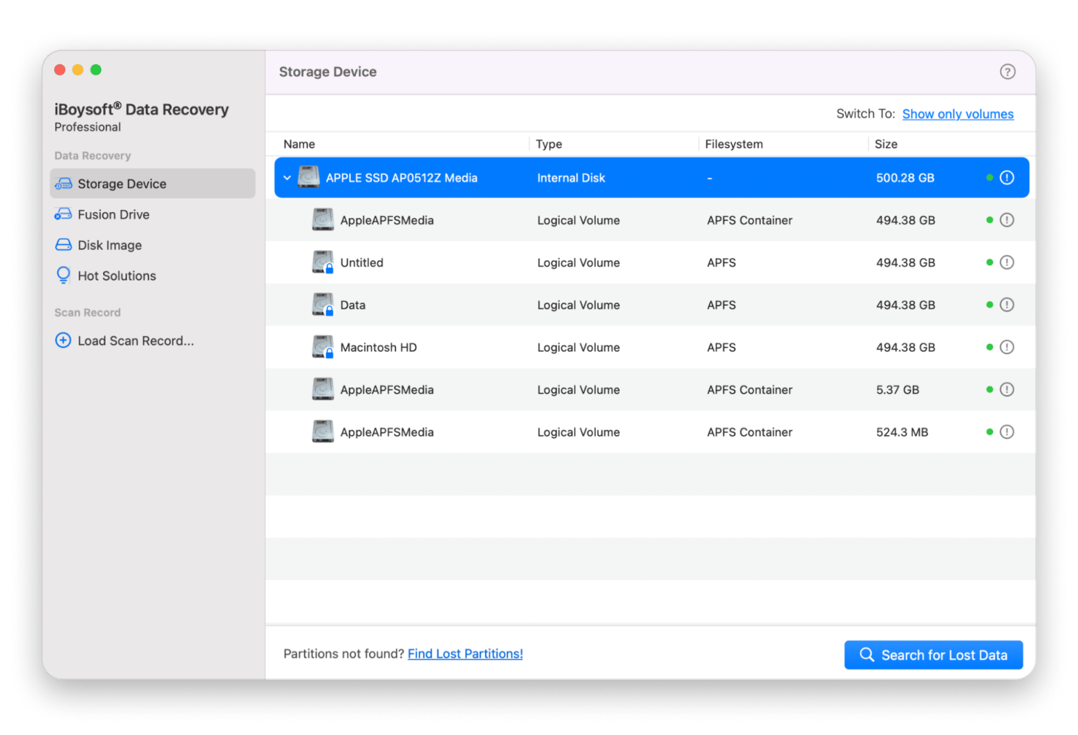 The Storage Device window on iBoysoft Data Recovery, a data recovery app that is available on Setapp