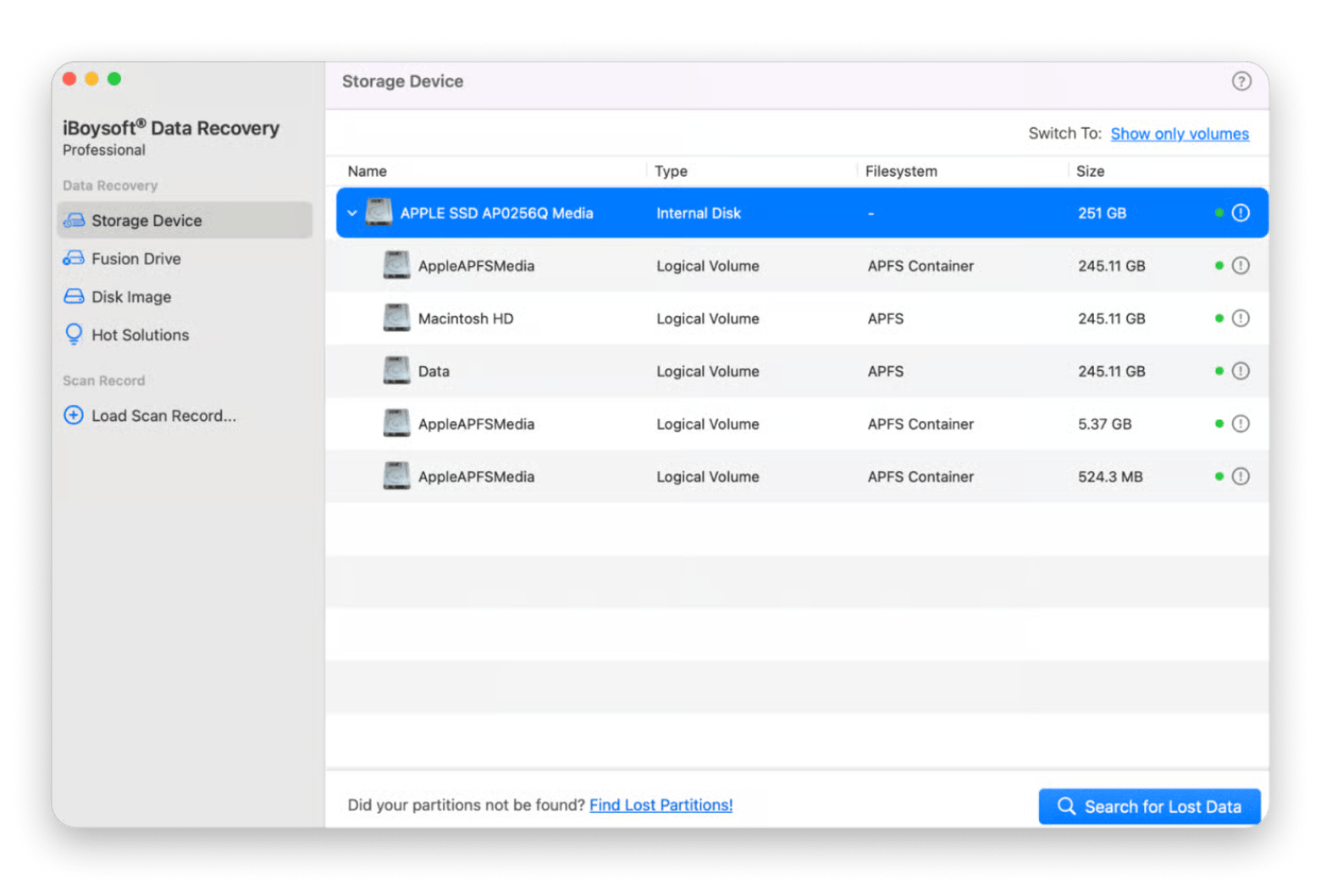 The interface of iBoysoft Data Recovery, a data recovery app available on Setapp
