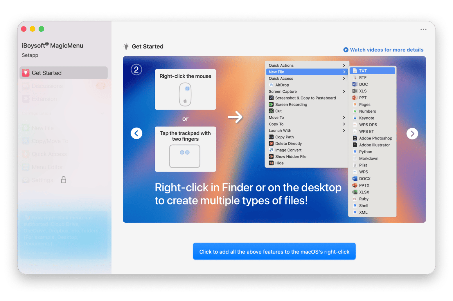 The iBoysoft MagicMenu right-click menu showing Hide All Items, a Mac right-click enhancer available on Setapp