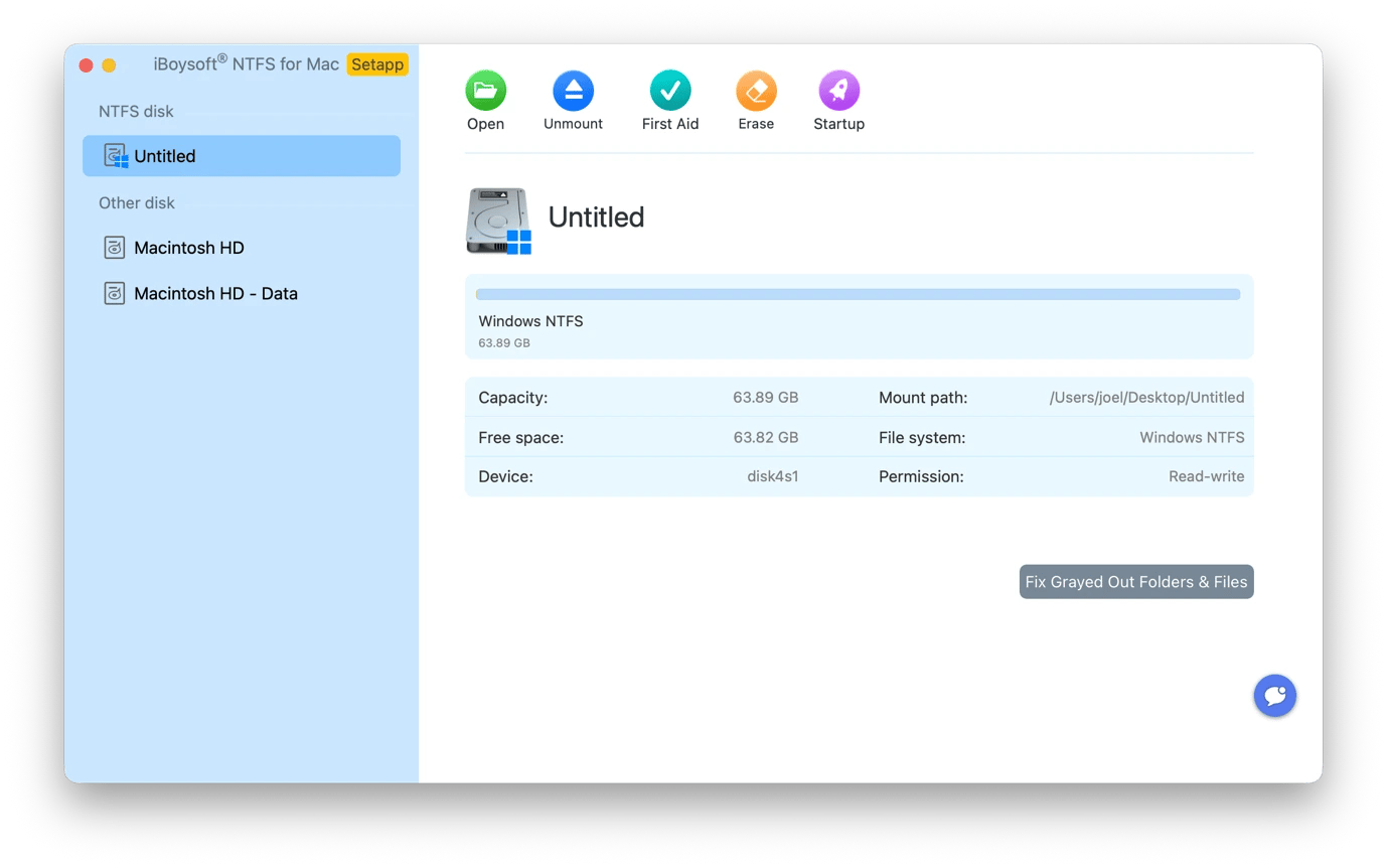 The interface of iBoysoft NTFS for Mac, a utility tool available on Setapp
