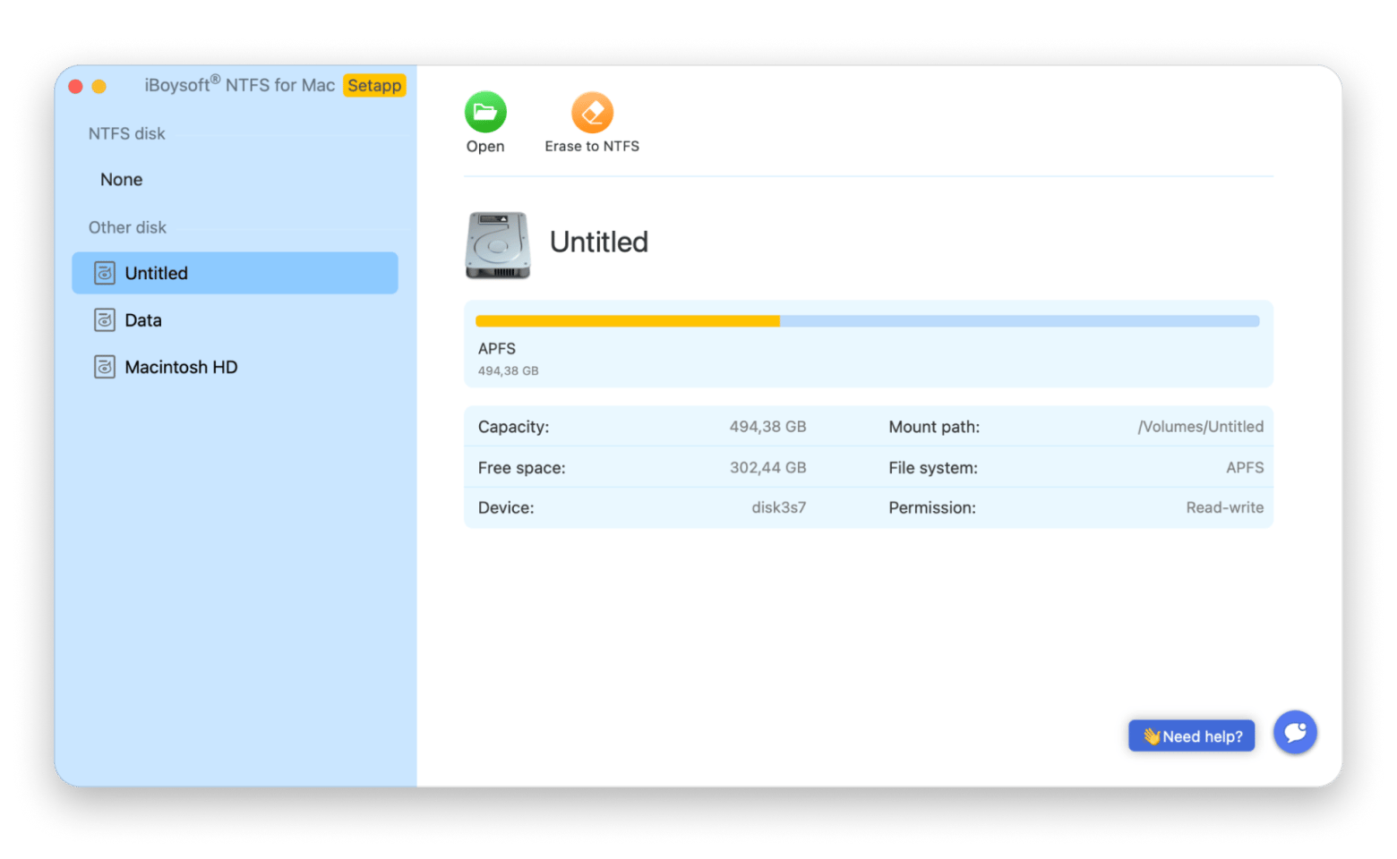 The Untitled disk overview in iBoysoft NTFS for Mac, an assistant app with full read/write support for NTFS drives