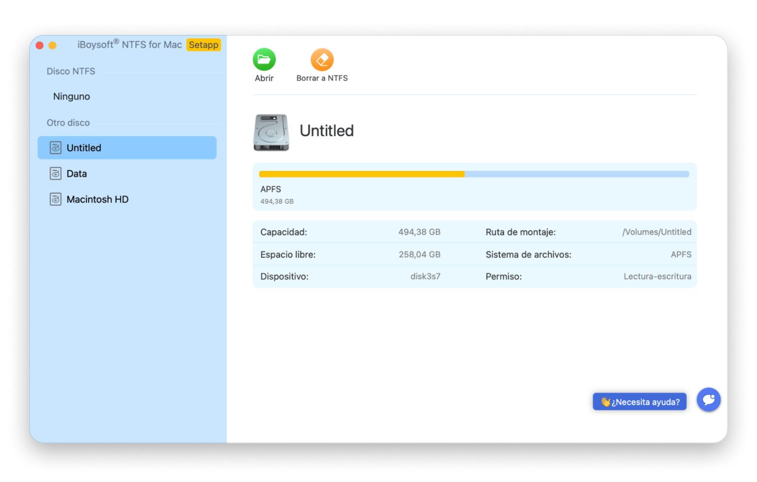 Interfaz de iBoysoft NTFS for Mac montando un disco externo con lectura y escritura completas, disponible en Setapp