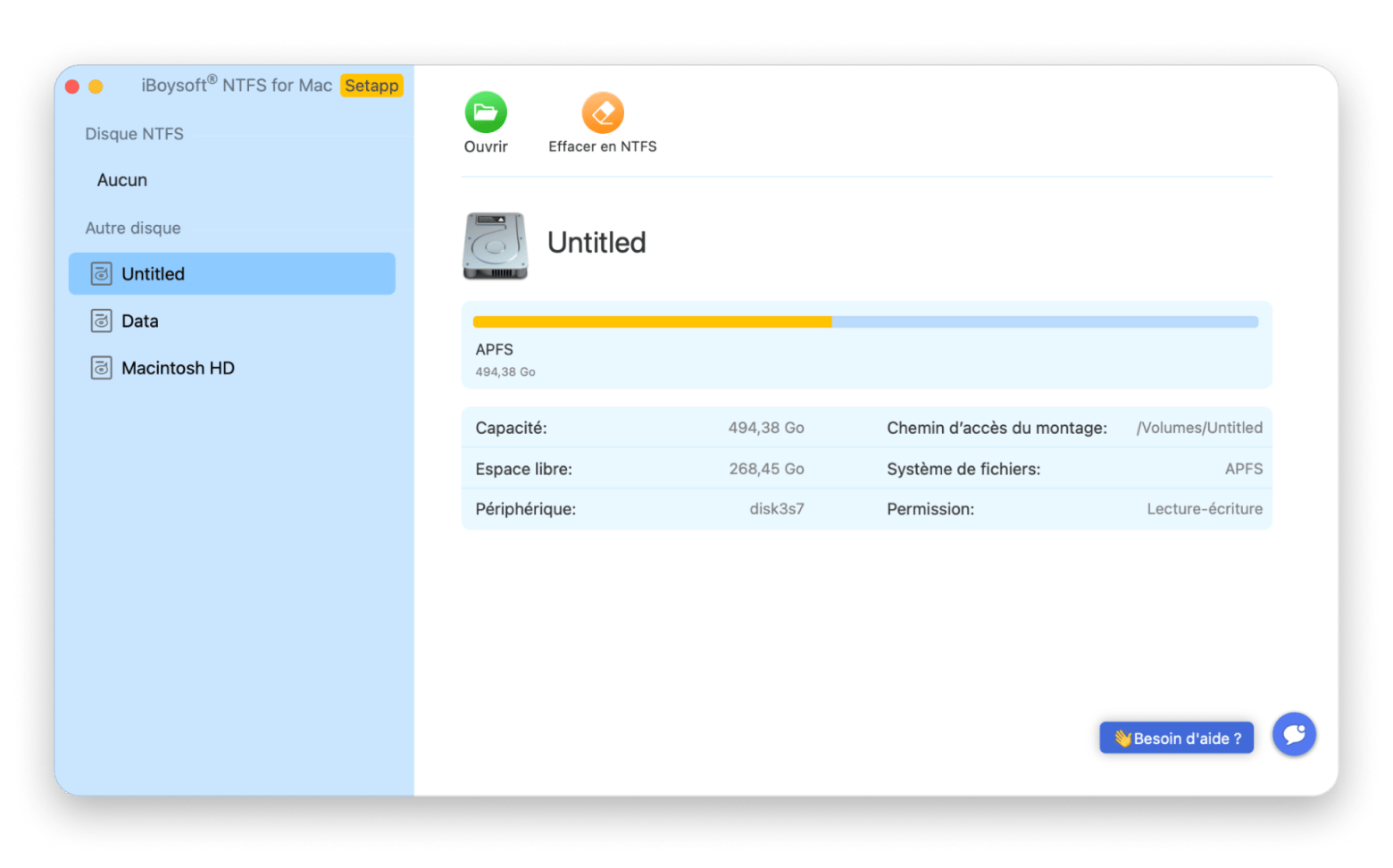 Interface d'iBoysoft NTFS for Mac montrant un disque NTFS monté avec support complet de lecture et d'écriture sur Mac, disponible sur Setapp