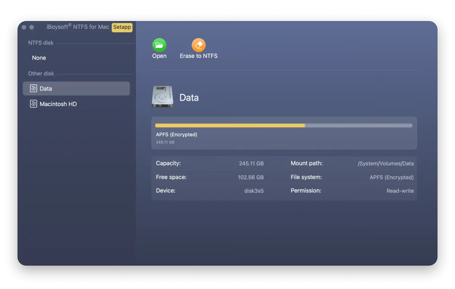 The iBoysoft NTFS app, available on Setapp, shows how users can read and write to an external NTFS drive on a Mac