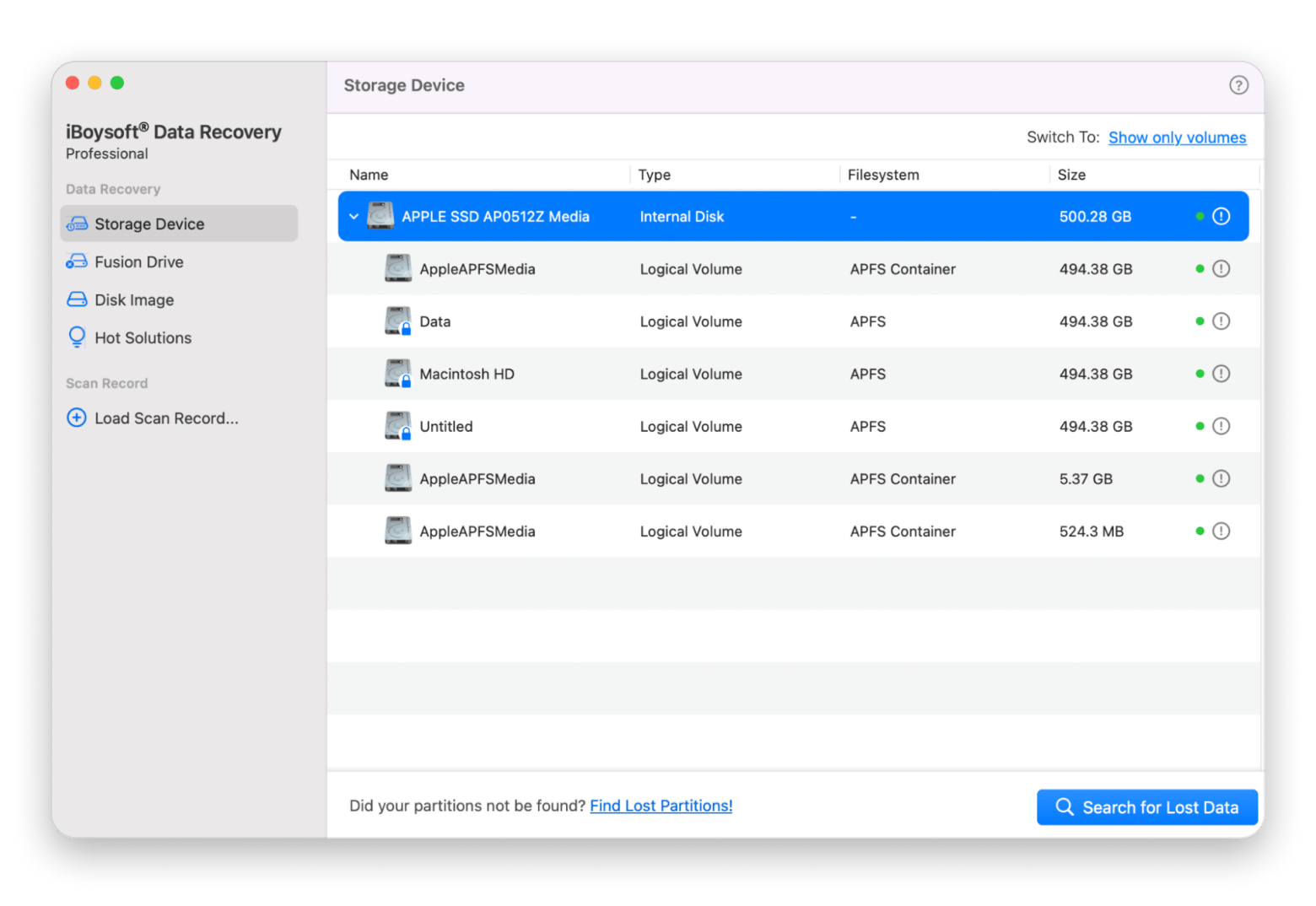 The Storage Device tab of iBoysoft Data Recovery, a recovery app that is available on Setapp