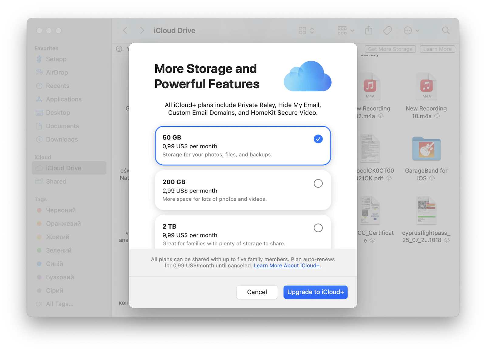 iCloud plans on Mac