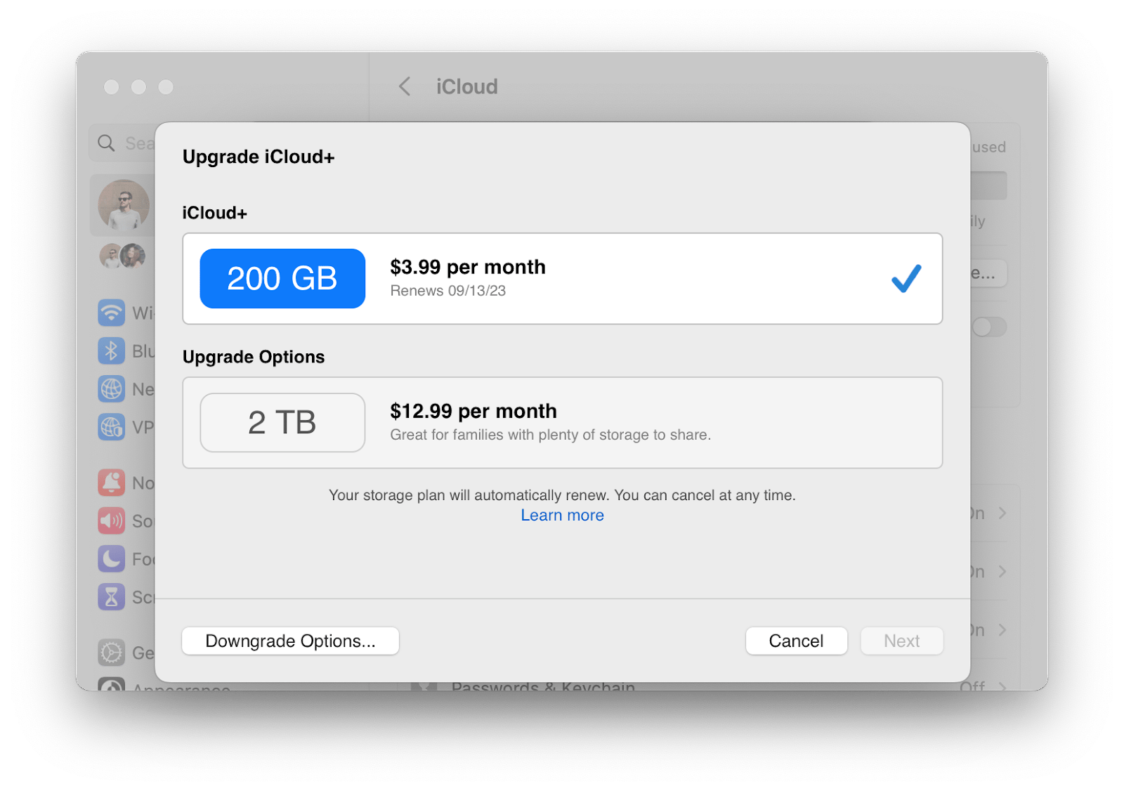 icloud change storage plan mac