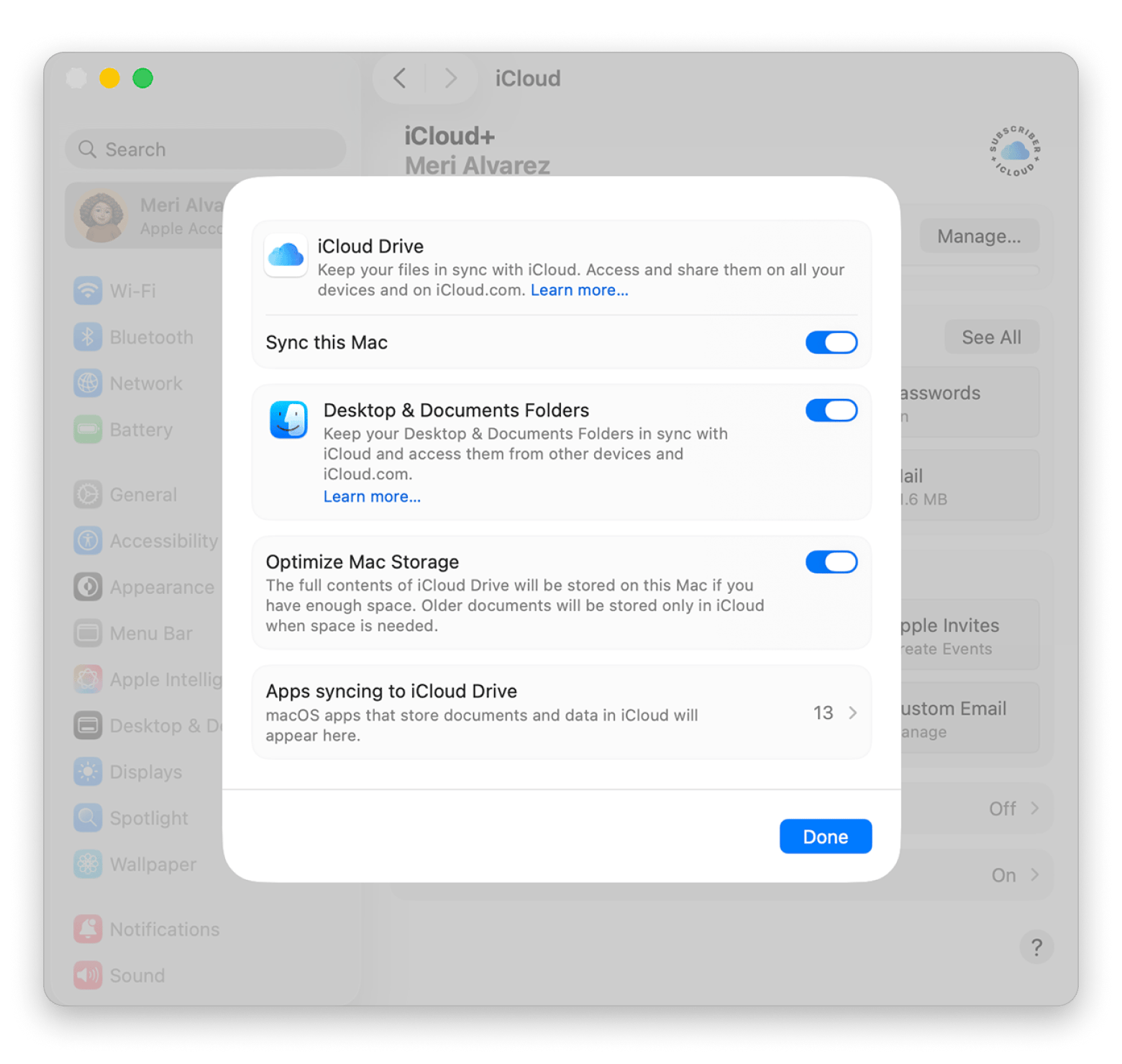 iCloud drive settings on Mac 