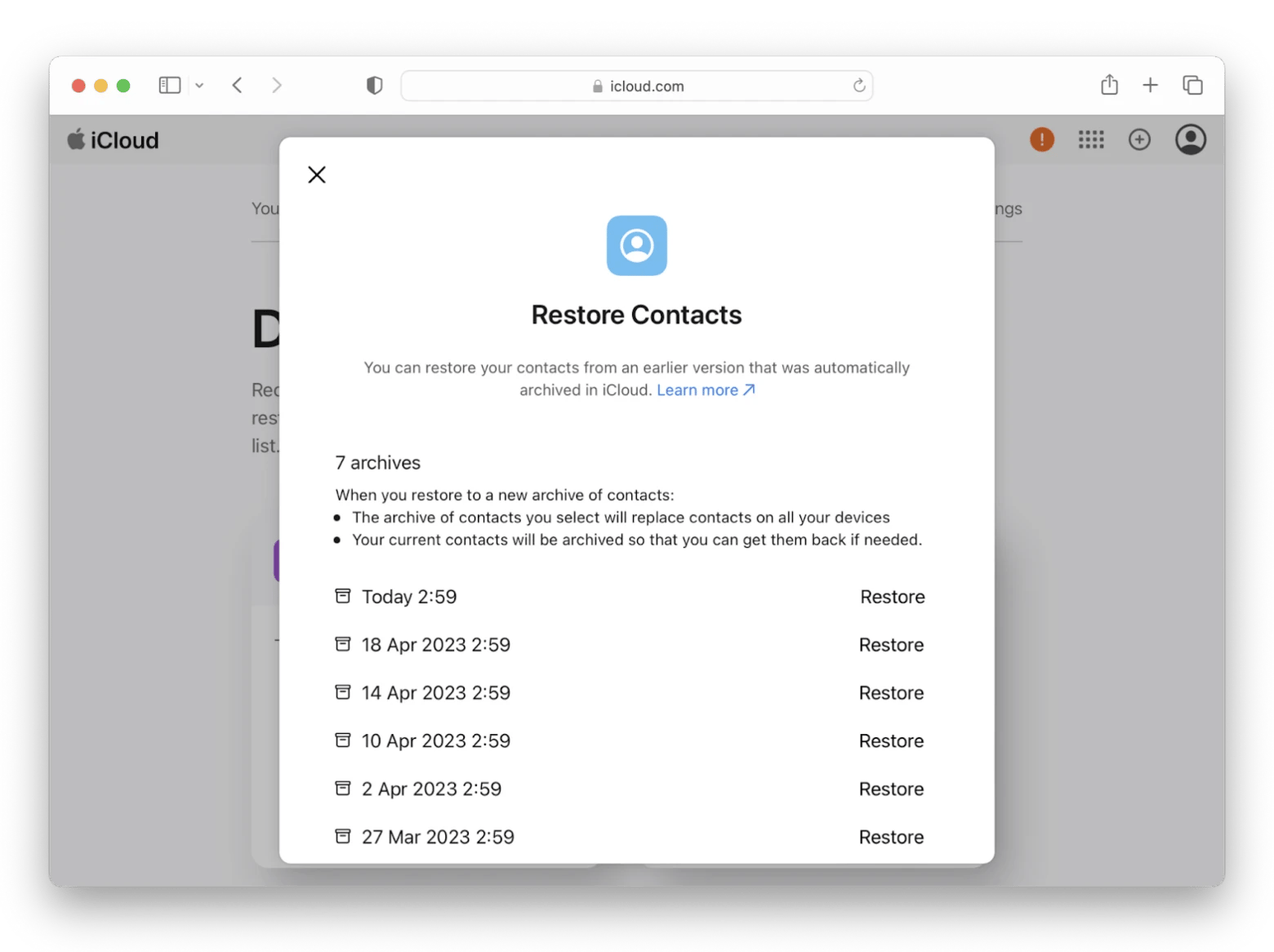 Restore Contacts from icloud.com