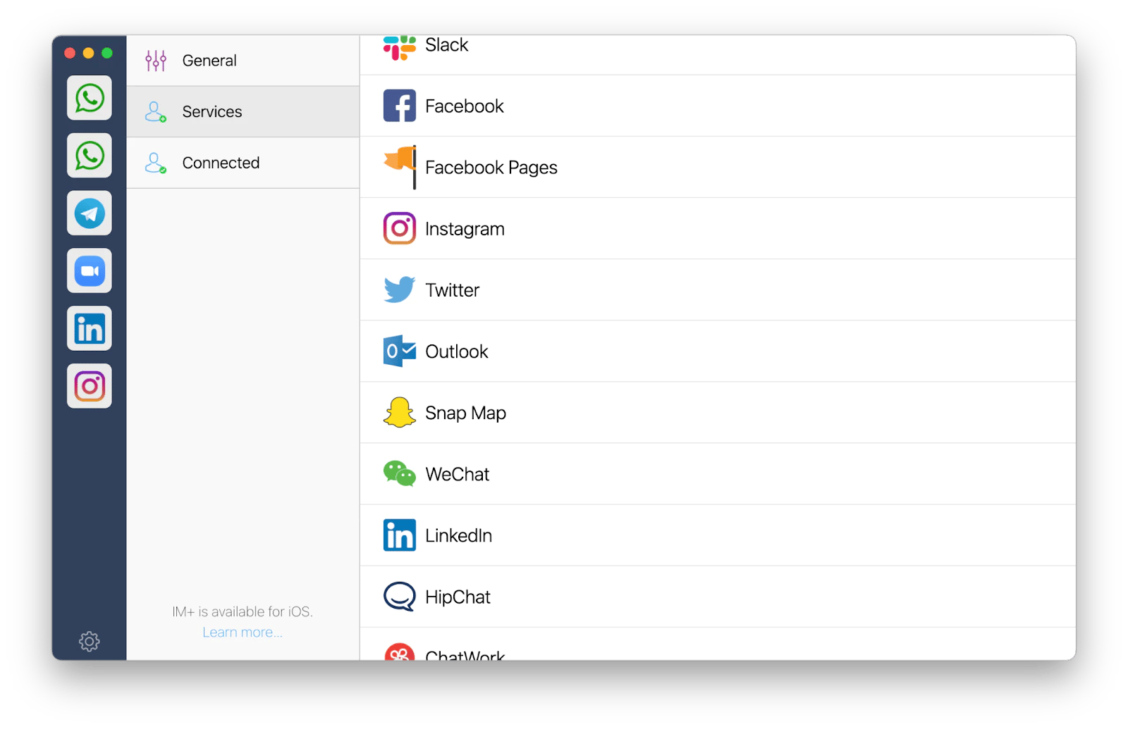 The Services list in IM+, a Mac app aggregator that is available on Setapp. The Services list in IM+, a Mac app aggregator that is available on Setapp.