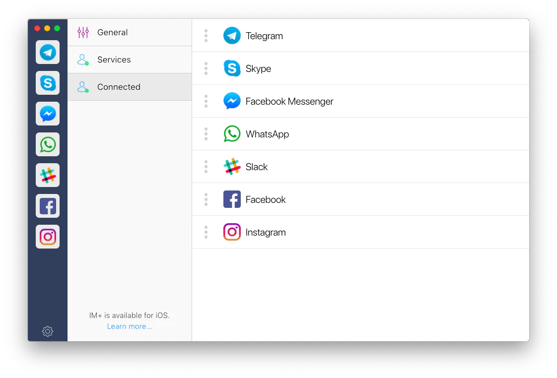 The messenger list in IM+, a messaging aggregation app that is available on Setapp.