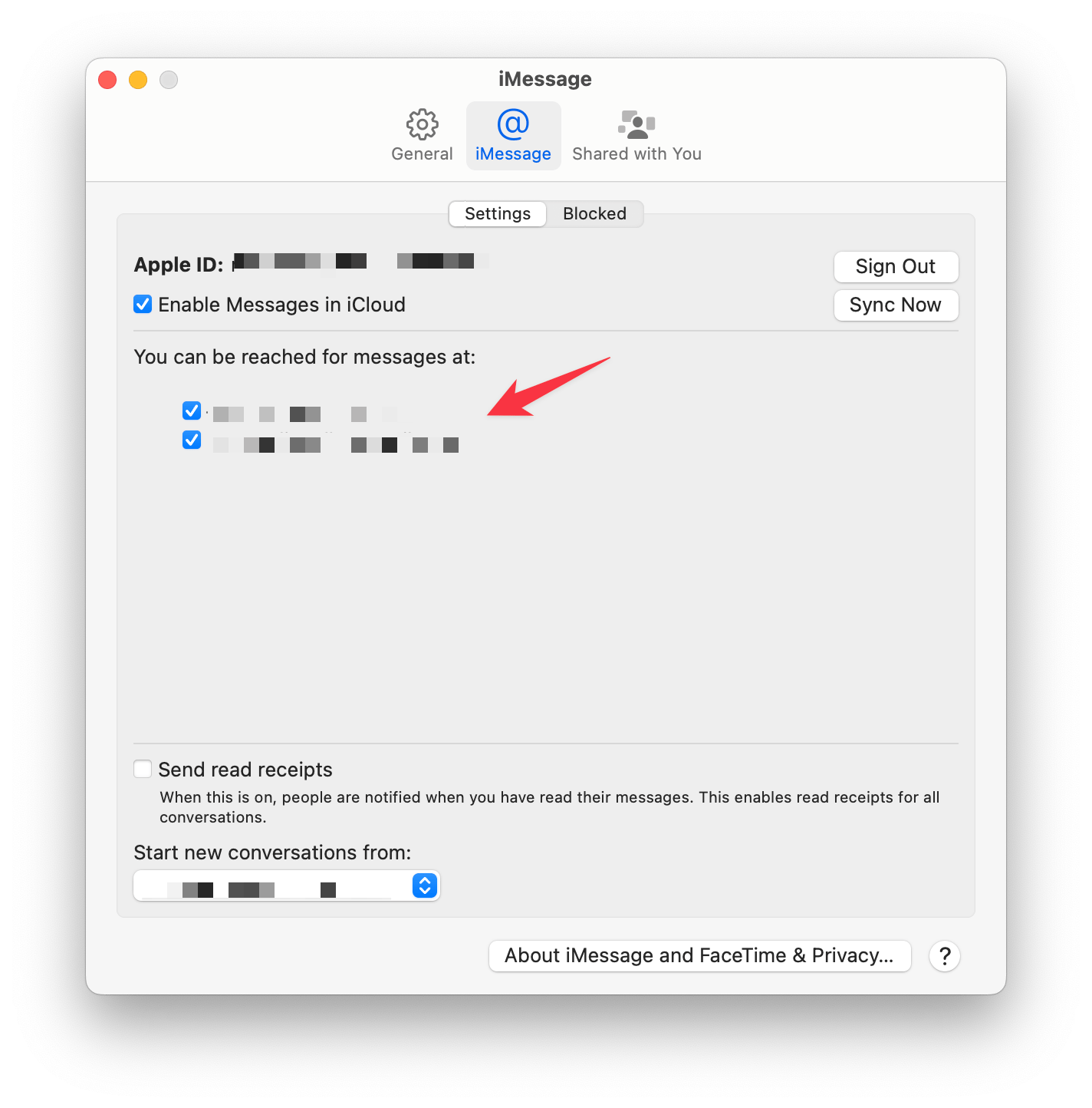 imessage not syncing check email address