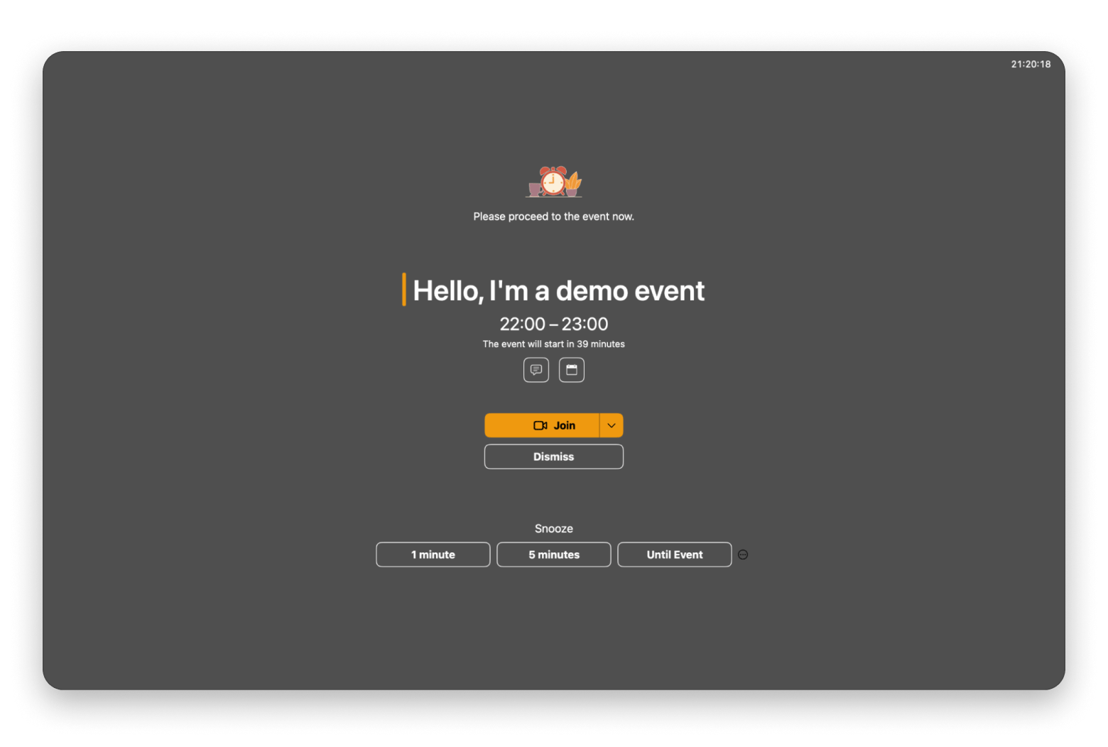 A notification about the upcoming meeting on In Your Face, a meeting reminder app available on Setapp