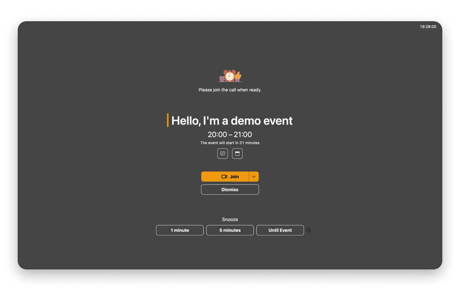 A full-screen meeting reminder from In Your Face, a meeting alert app available on Setapp 