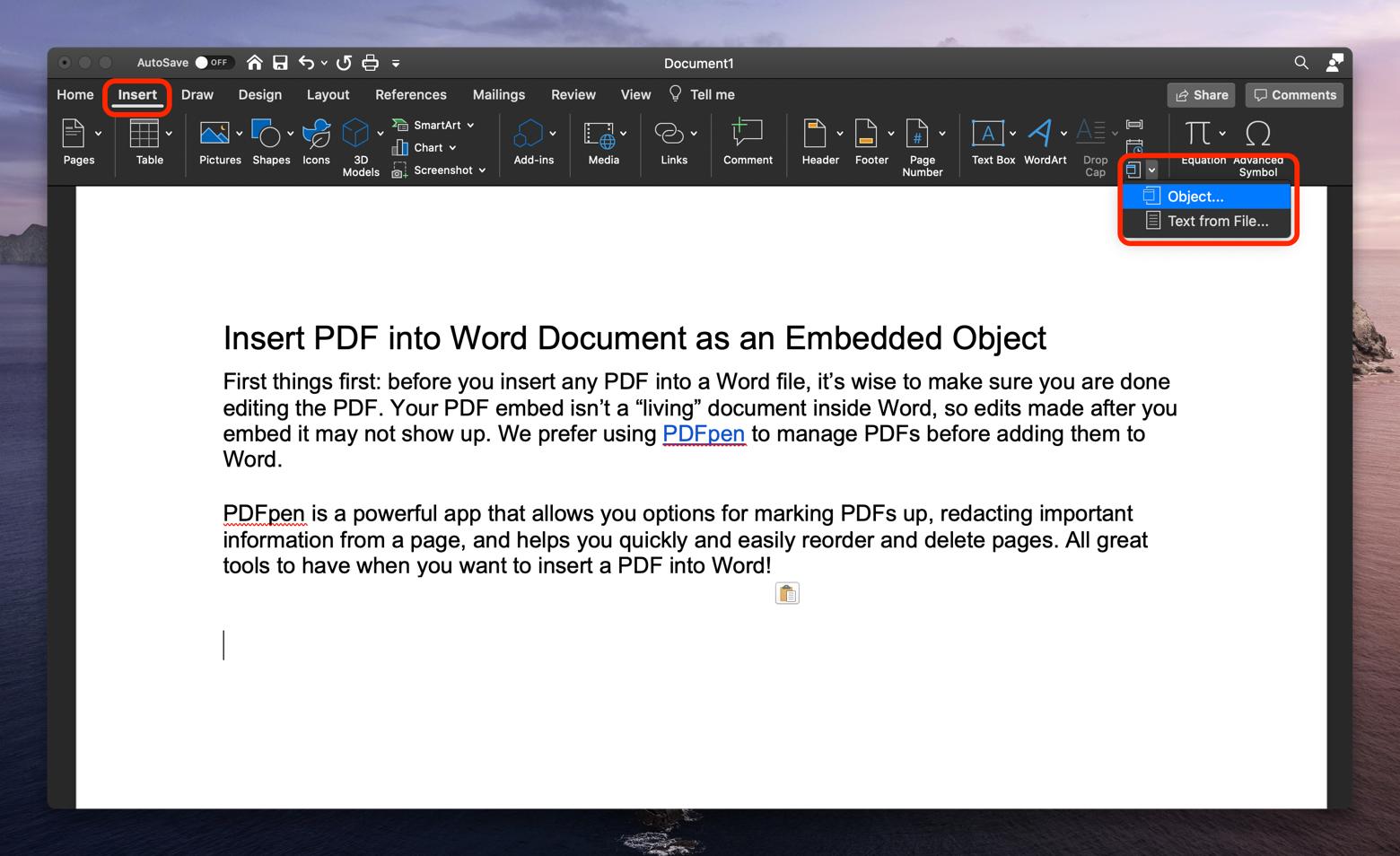 select Object in Word