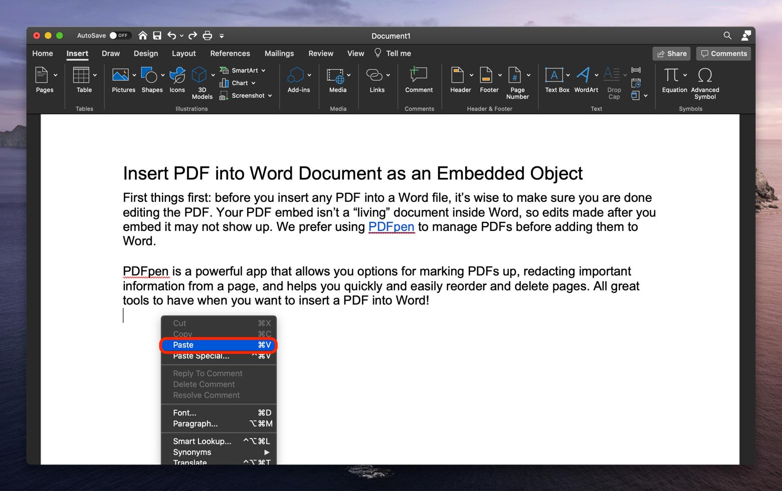 select Paste when copy PDF into Word