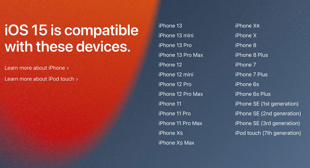 list of compatible devices with iOS 15. image: Apple