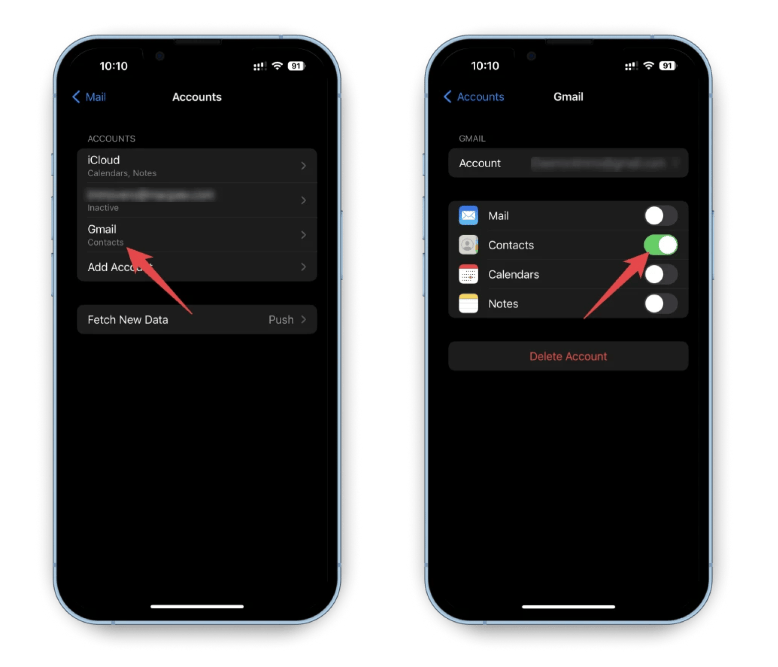 iOS account settings for Gmail