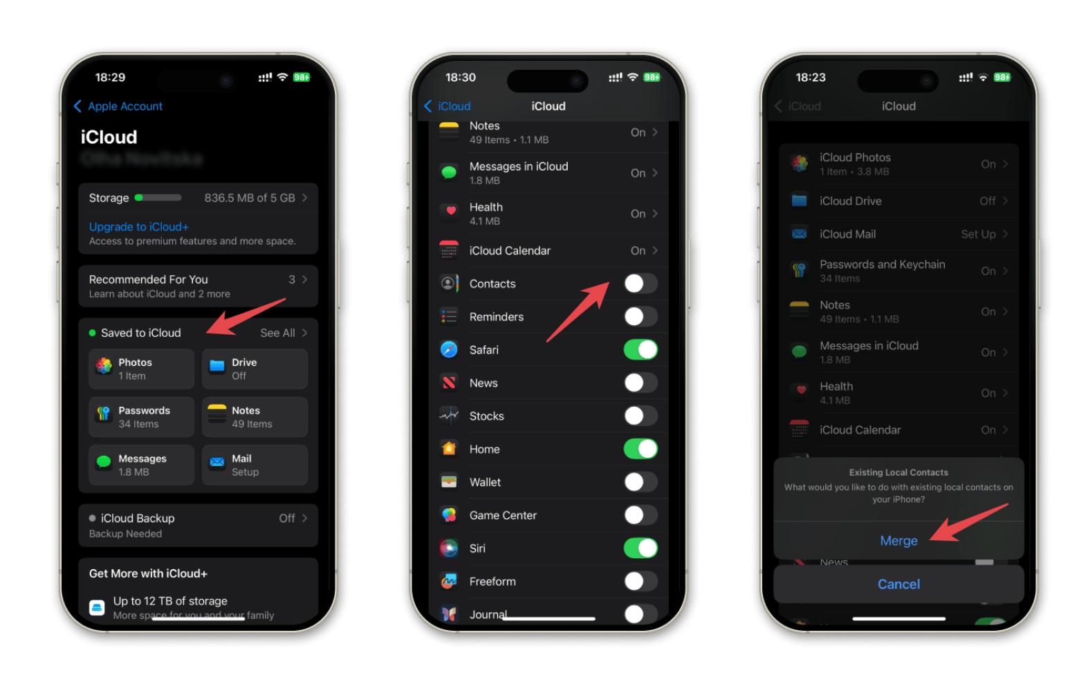 iOS contacts settings window