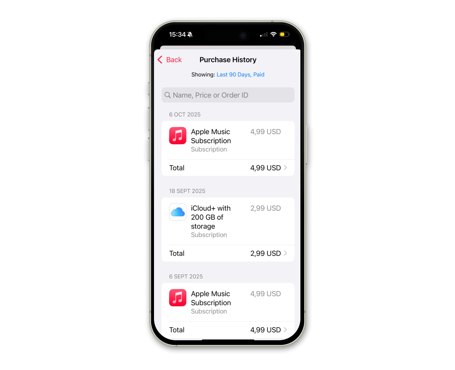 Apple Music purchase history on iPhone