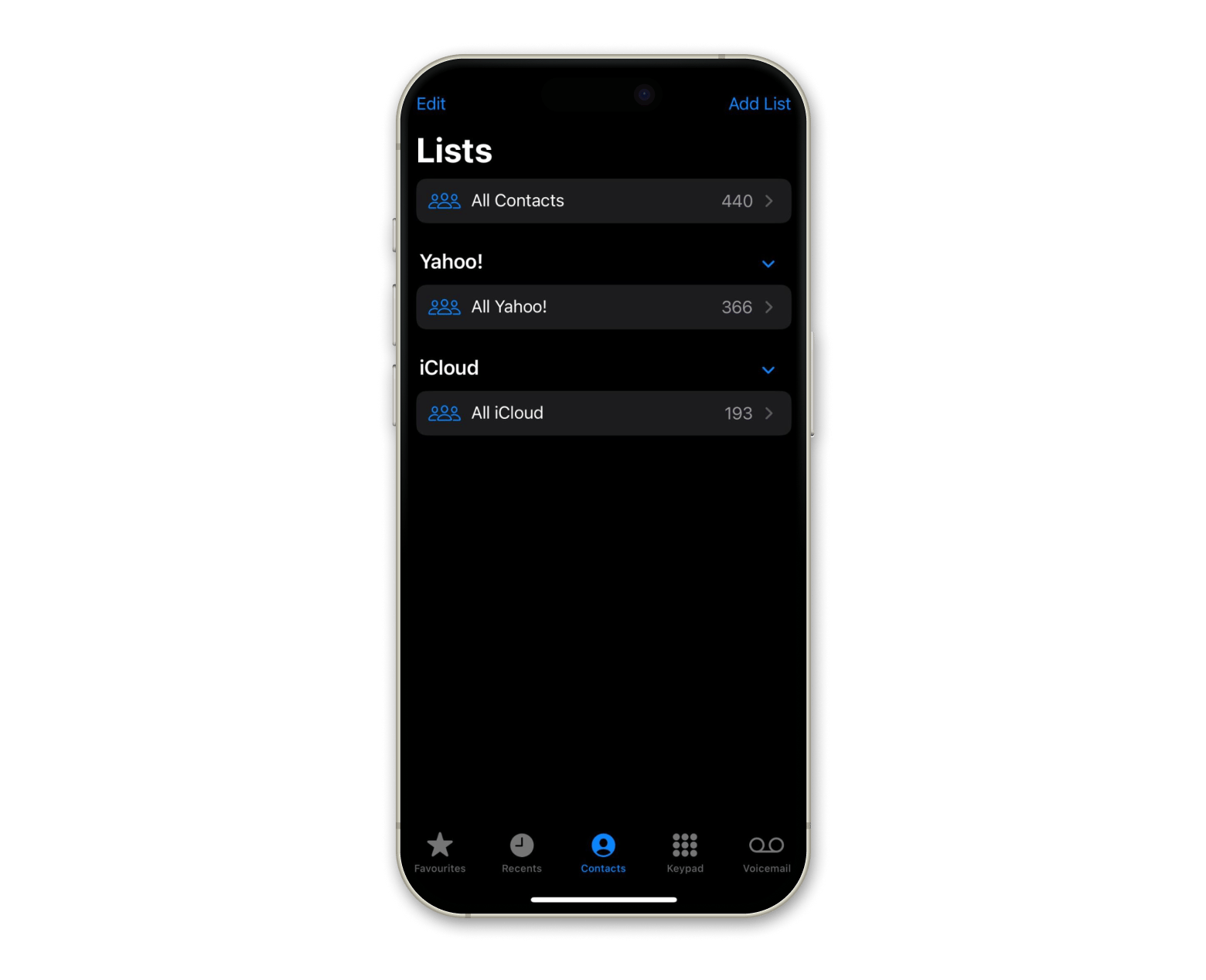 iPhone contacts list