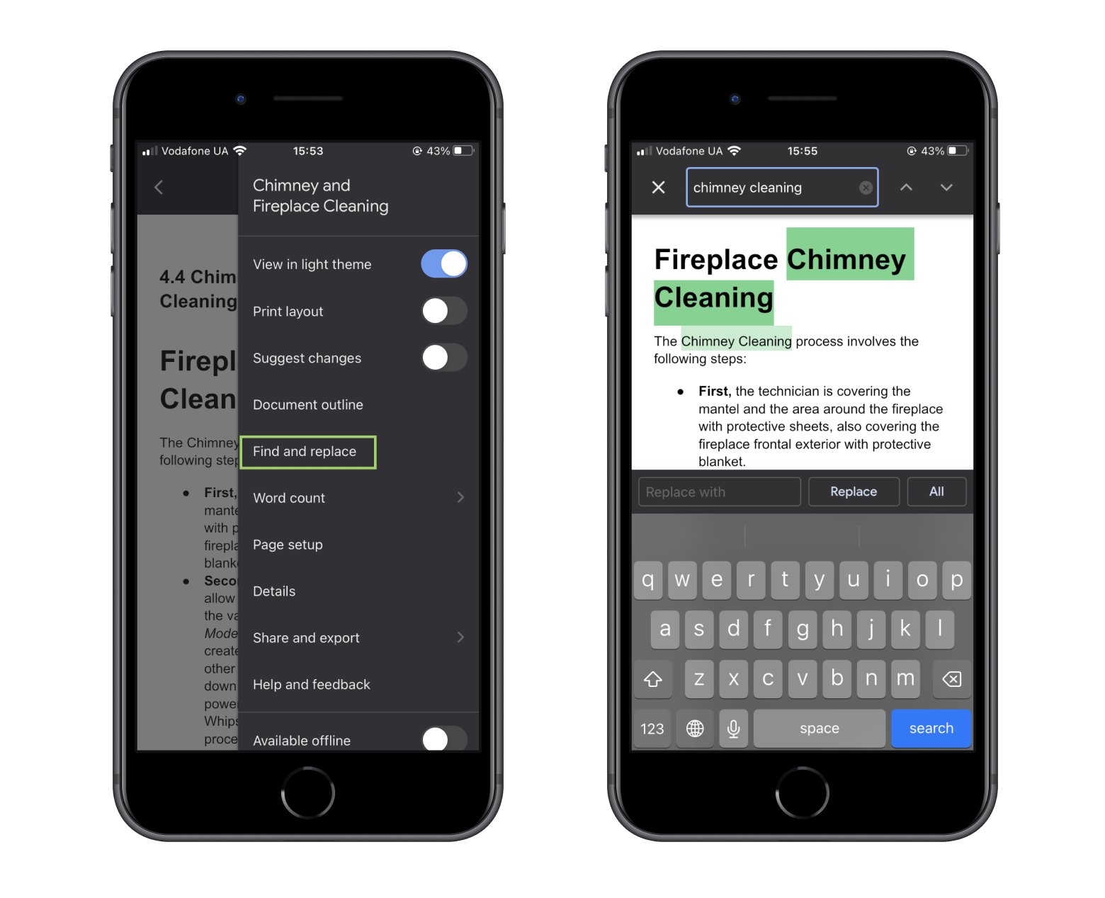 Find and replace feature in Google Docs on iPhone